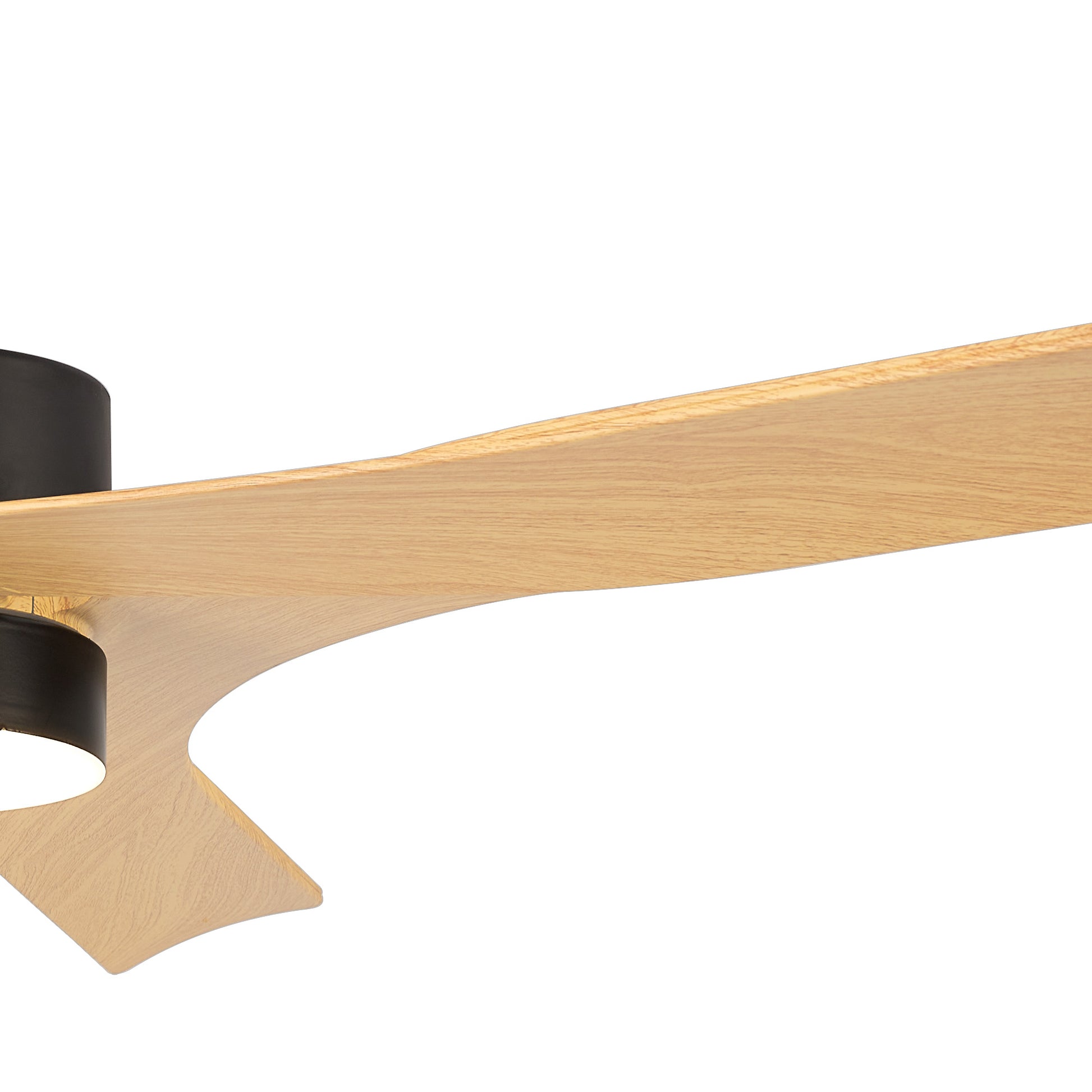 Close-up of the Ceiling Fans UK MANTRA M8716 Thai Wood/Black Ceiling Fan with 122cm light wood blades, dimmable 30W LED light, built-in 35W DC fan, remote & app control, and 5-year warranty, shown against a white background.