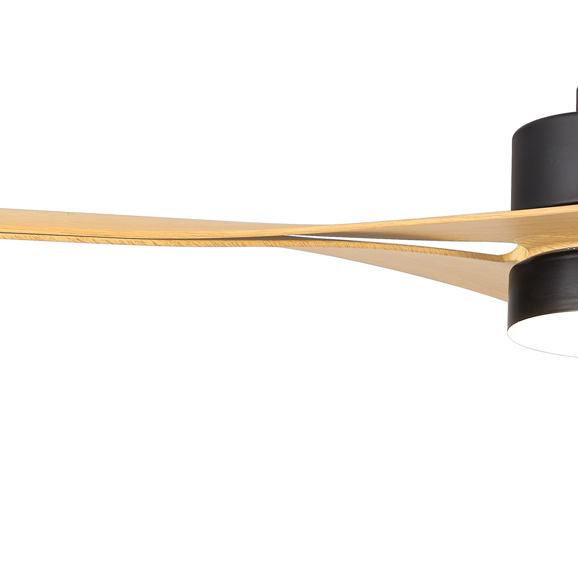 Close-up of the MANTRA M8716 by Ceiling Fans UK: a modern Thai wood/black ceiling fan (122cm) with gold-finished arm, integrated 30W dimmable LED light, 35W DC fan, remote and app control, and 5-year warranty.