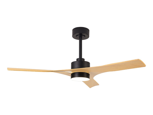 The Ceiling Fans UK MANTRA M8716 Thai Wood/Black Ceiling Fan features 2 light wood blades, a 30W dimmable LED light, built-in 35W DC fan, APP & remote control, black rod and mount. 122cm span. Includes 5-year warranty.