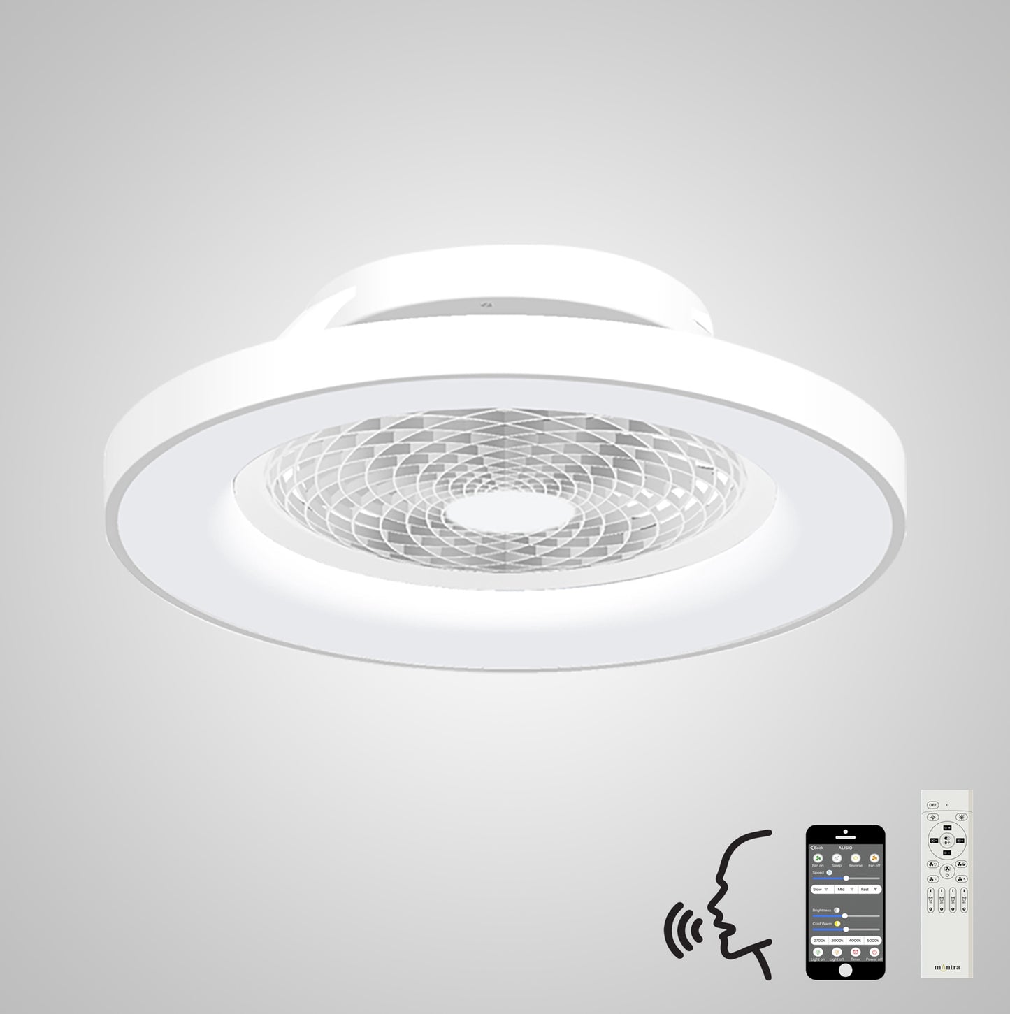 The Tibet White Ceiling Fan with Light, a sleek 65cm fixture from Ceiling Fans UK, is showcased. The fan offers a 70W LED dimmable ceiling light and a 35W DC reversible fan. Below the fan, icons representing Alexa/Google Voice Control, a smartphone app for controls, and a remote control highlight its smart features. The background is gray.