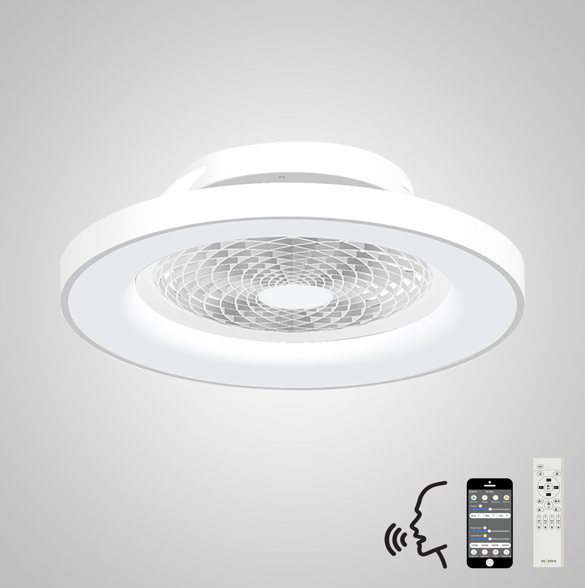 The Tibet White Ceiling Fan with Light, a sleek 65cm fixture from Ceiling Fans UK, is showcased. The fan offers a 70W LED dimmable ceiling light and a 35W DC reversible fan. Below the fan, icons representing Alexa/Google Voice Control, a smartphone app for controls, and a remote control highlight its smart features. The background is gray.