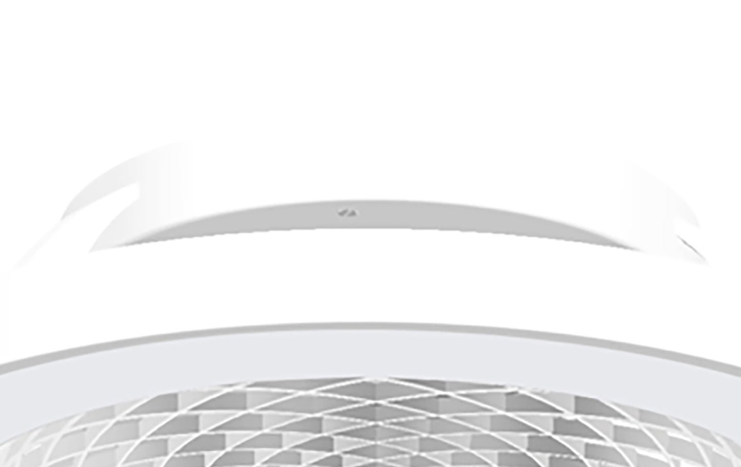 Close-up image of the Tibet White Ceiling Fan with light 65cm 70W LED Dimmable Ceiling Light by Ceiling Fans UK, showcasing a white cylindrical design with a mesh-like pattern near the bottom. The upper portion remains smooth and elegant, set against an entirely white background.
