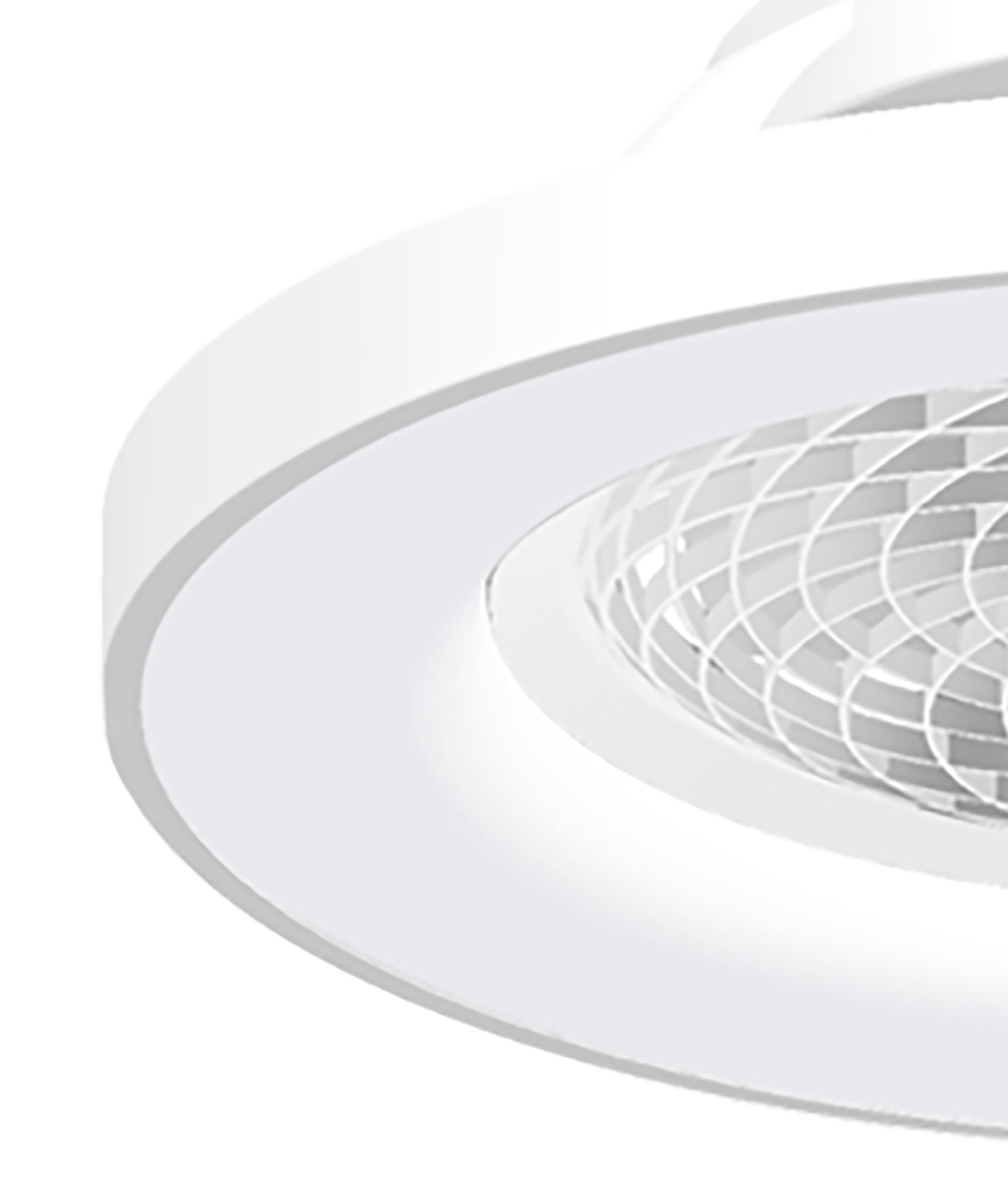 Close-up of the Tibet White Ceiling Fan with light, a modern 65cm fixture from Ceiling Fans UK. This sleek and contemporary product features a minimalist design, showcasing a circular shape and a mesh-like inner structure. Equipped with a 70W dimmable LED light, it also includes a 35W DC reversible fan controlled via remote, app, or Alexa/Google Voice. The background is plain white.
