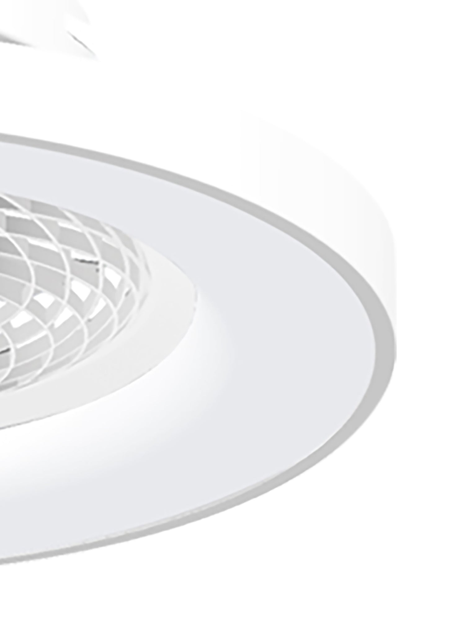 A close-up of the contemporary Tibet White Ceiling Fan with Light by Ceiling Fans UK, showcasing a 65cm circular design and an intricate grid-like pattern covering the dimmable LED light source. The elegant white fixture, which includes a 35W DC reversible fan, is compatible with Alexa and Google Voice Control. The background is predominantly white.