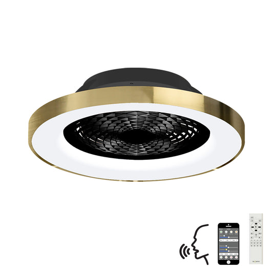 The Tibet Black/Gold Ceiling Fan with light from Ceiling Fans UK features a modern circular ceiling light with a gold rim, a black interior pattern, and a central 70W LED dimmable light source. It is compatible with Alexa/Google Voice Control and includes a smartphone app for control along with a remote control. Additionally, it has a 35W DC reversible fan and comes with an impressive 5-year warranty.
