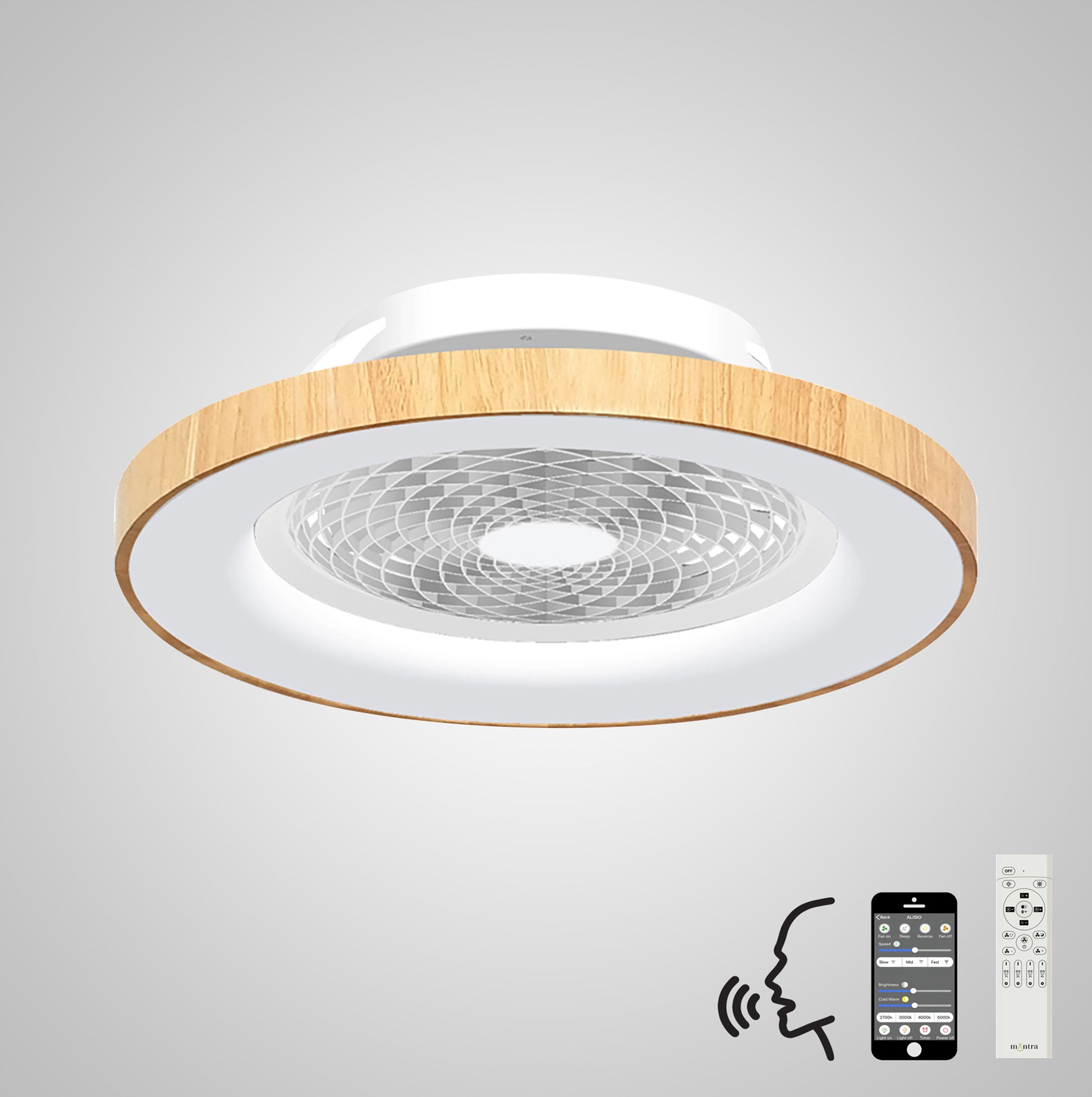 An image of the Ceiling Fans UK Tibet White/Wood Ceiling Fan, a modern 65cm ceiling light fixture with a 70W LED dimmable light and a built-in 35W DC reversible fan, featuring a circular wooden accent around the edge. Below the fan are icons illustrating its multiple control options: Alexa/Google Voice Control, mobile phone app, and remote control. This product also comes with a 5-year warranty.