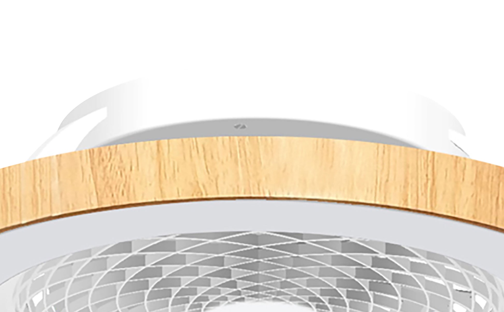Close-up of the Tibet White/Wood Ceiling Fan with light, featuring a white base and wooden trim. The geometric lattice design covering the 70W LED dimmable light source stands out against the white background, making it the focal point of the image. This ceiling fan also includes a 35W DC reversible motor, remote control, app integration, and is compatible with Alexa/Google Voice. Brought to you by Ceiling Fans UK and backed by a 5-year warranty.