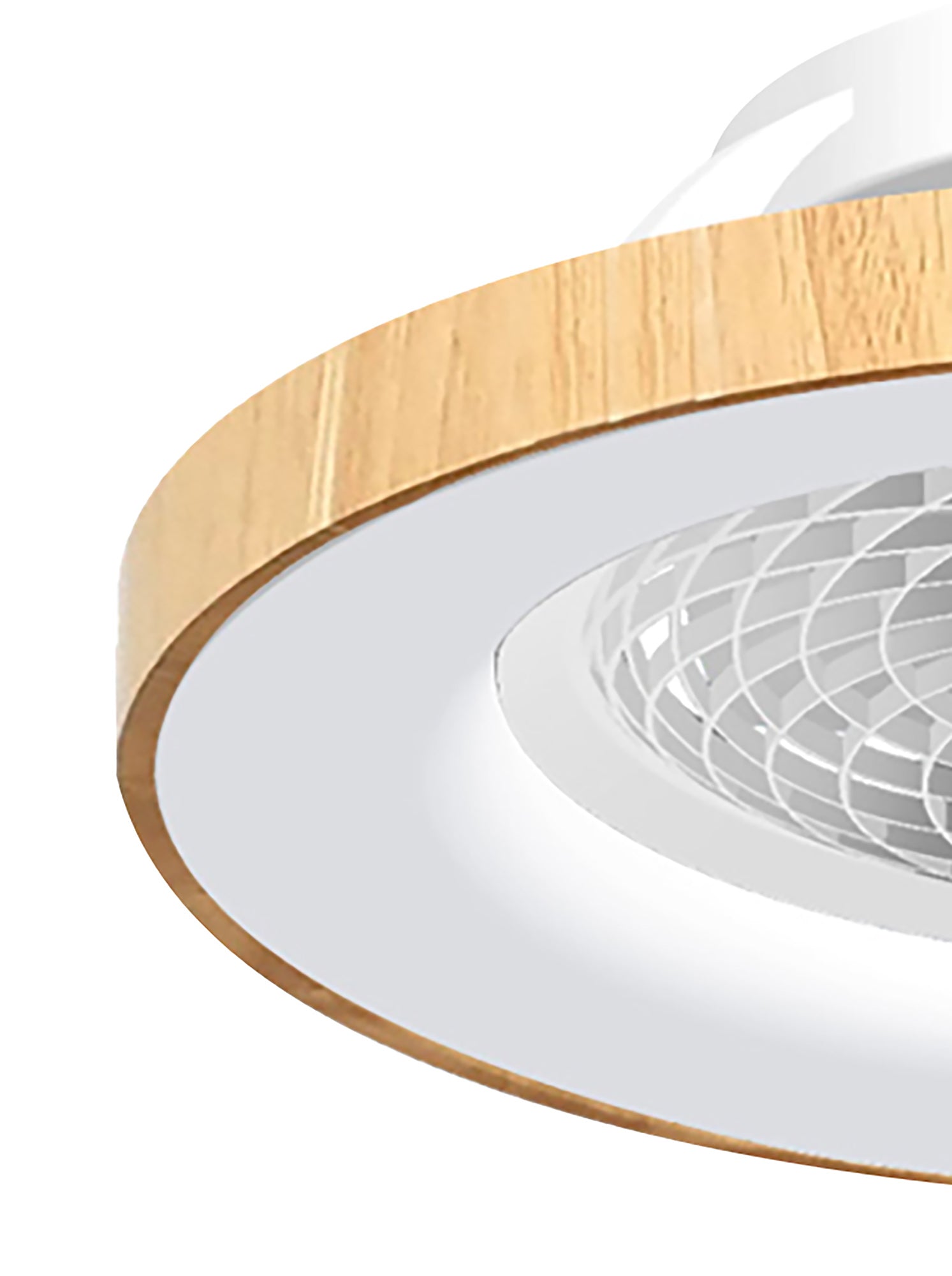 Close-up of the Tibet White/Wood Ceiling Fan with light by Ceiling Fans UK. The design features a circular wooden rim and a white inner ring surrounding a geometric grid-like pattern at the center. This 65cm, 70W LED dimmable ceiling light also includes a 35W DC reversible fan, controllable via remote, app, or Alexa/Google voice commands. With its sleek and contemporary minimalist aesthetic, it comes with a 5-year warranty for added peace of mind.