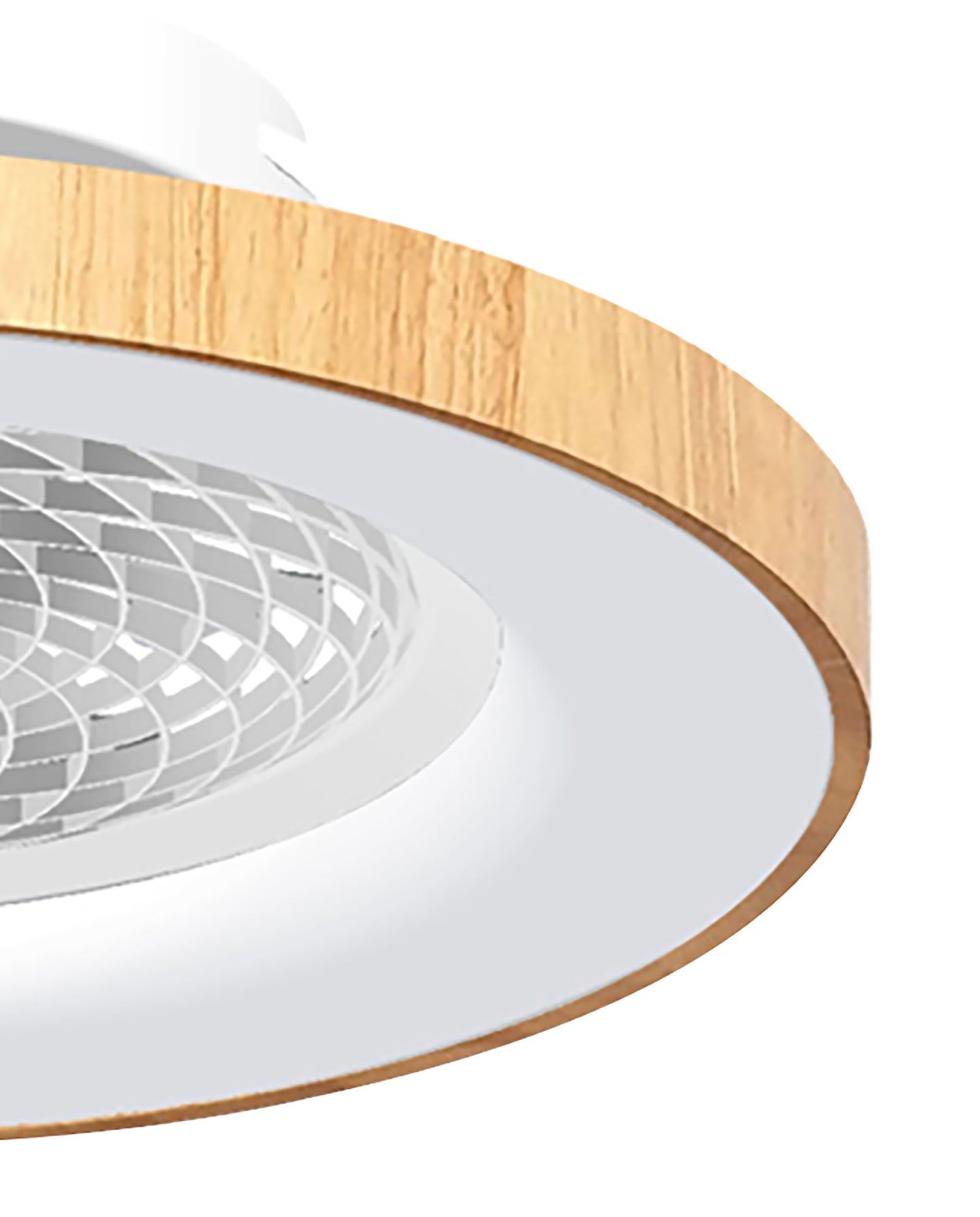 Close-up view of the contemporary Ceiling Fans UK Tibet White/Wood Ceiling Fan with light. The design showcases a circular shape featuring a wooden outer ring and a white inner surface, embedding a 35W DC reversible fan controlled via Alexa/Google Voice within the 65cm, 70W LED dimmable ceiling light. The aesthetic elegantly blends modern style with natural wood accents, backed by a 5-year warranty.