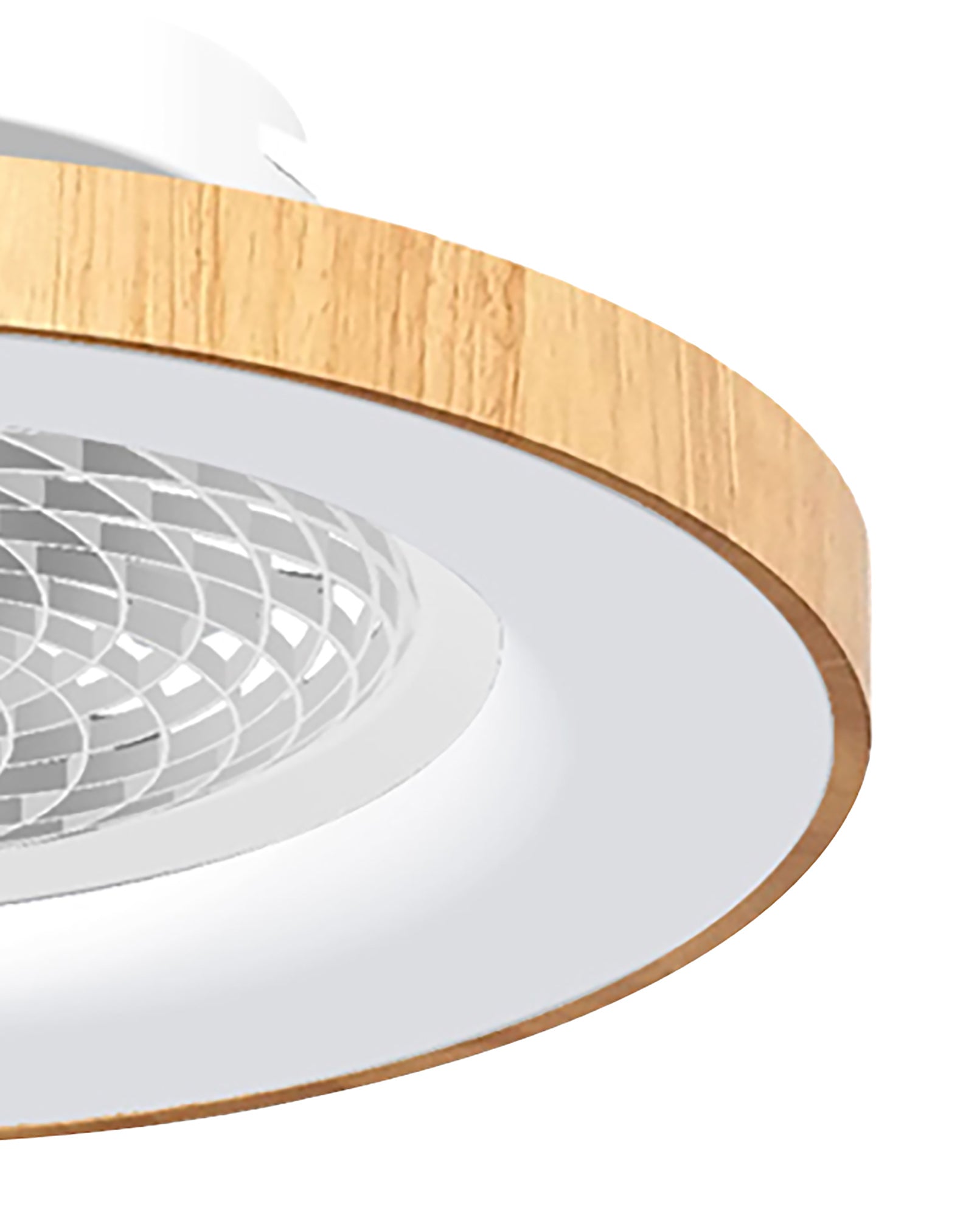 Close-up view of the contemporary Ceiling Fans UK Tibet White/Wood Ceiling Fan with light. The design showcases a circular shape featuring a wooden outer ring and a white inner surface, embedding a 35W DC reversible fan controlled via Alexa/Google Voice within the 65cm, 70W LED dimmable ceiling light. The aesthetic elegantly blends modern style with natural wood accents, backed by a 5-year warranty.