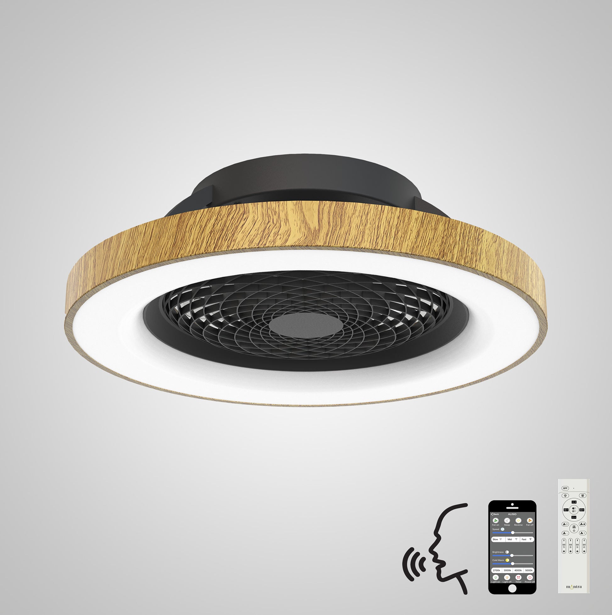 The Tibet Black/Wood Ceiling Fan from Ceiling Fans UK features a 65cm, 70W LED dimmable ceiling light with an elegant wooden finish. The black central fan is encircled by a white LED ring and includes a 35W DC reversible fan. It's compatible with Alexa/Google Voice, a smartphone app, and a remote control, backed by a 5-year warranty.