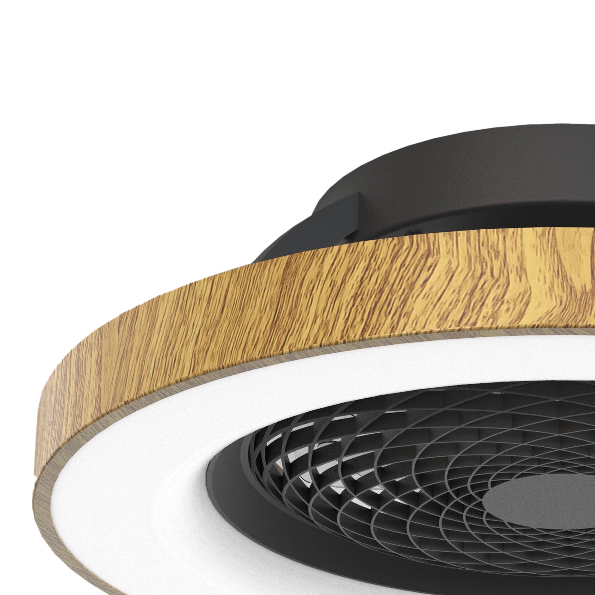 Close-up of the Ceiling Fans UK Tibet Black/Wood Ceiling Fan with Light, featuring a 65cm, 70W LED dimmable ceiling light and a sleek black mesh-like inner section. This modern fixture seamlessly blends natural wood grain finishes with contemporary design elements. It also includes a 35W DC reversible fan and offers the ultimate convenience with remote control, app compatibility, and support for Alexa/Google Voice. Enjoy peace of mind with its 5-year warranty.