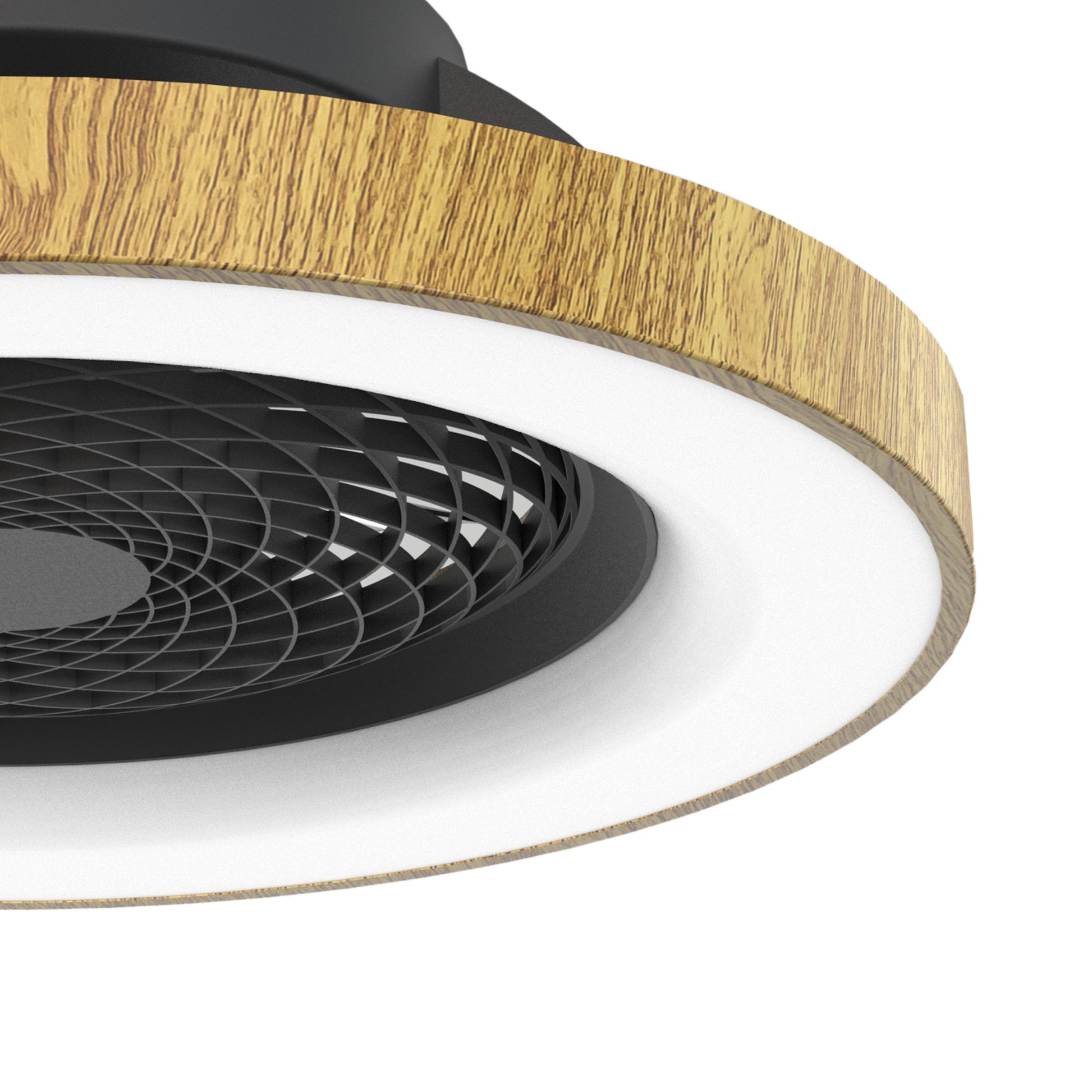 Close-up image of the Tibet Black/Wood Ceiling Fan with a modern design, featuring a wooden outer ring and a white inner ring. The central part of the fan has a black, intricate mesh pattern. Equipped with a 70W LED dimmable ceiling light, this 65cm fan combines wooden, black, and white elements for a contemporary look. This Ceiling Fans UK product also features a 35W DC reversible fan and is operable via remote control, app, or Alexa/Google Voice. It comes with a 5-year warranty for added peace of mind.