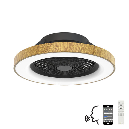 The Ceiling Fans UK Tibet Black/Wood Ceiling Fan with light features a 65cm, 70W LED dimmable ceiling light and a contemporary design. It is equipped with a 35W DC reversible fan, remote control, smartphone app connectivity, and voice control through Alexa or Google. This fan offers unparalleled convenience and comes with a 5-year warranty.
