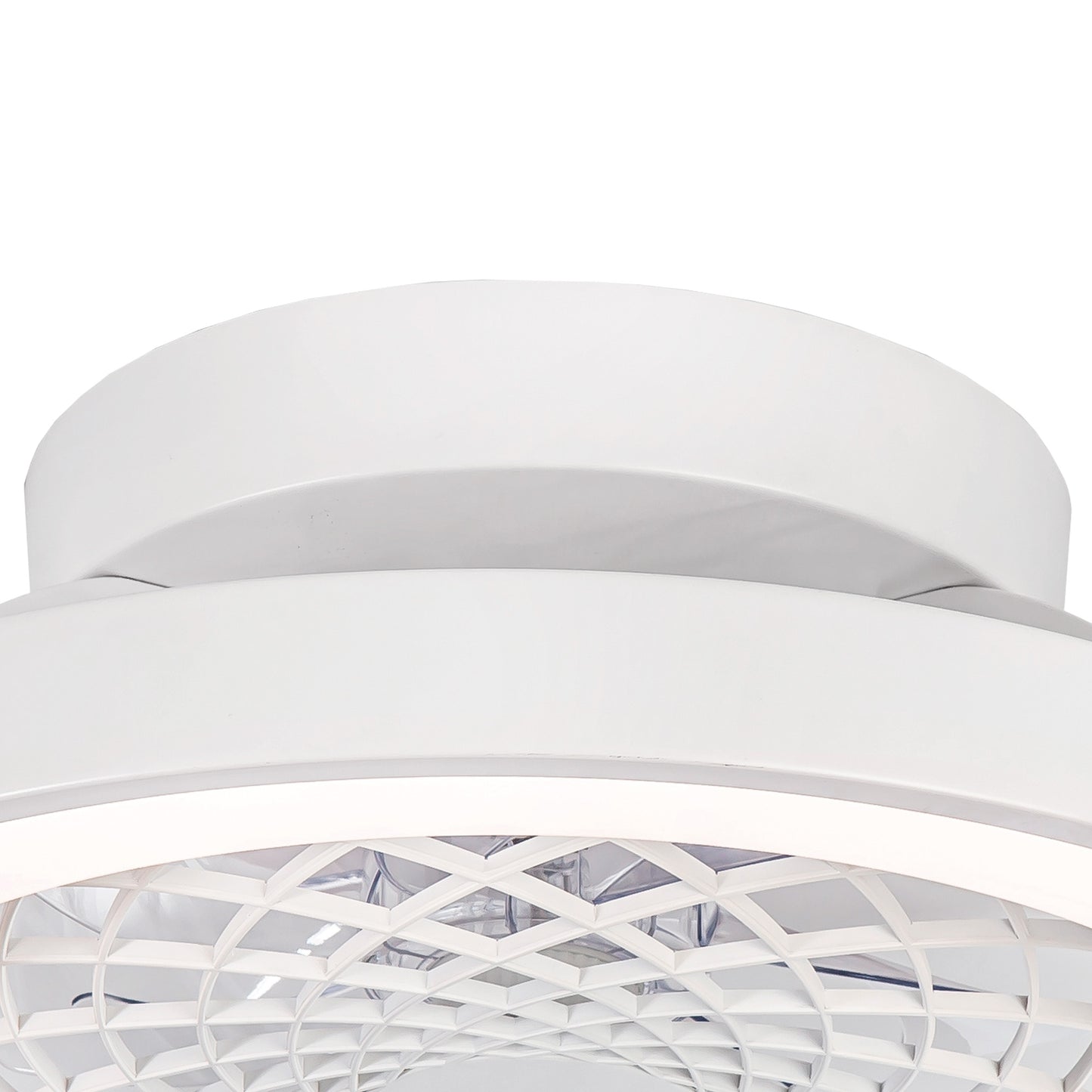 Here is a close-up of the Ceiling Fans UK Tibet Mini White Ceiling Fan with Light. This 53cm fan, equipped with a 70W LED dimmable ceiling light and a 35W DC reversible fan, showcases a modern grid-like blade design and sleek round housing. Its minimalist contemporary look suits various interior styles, and it comes with a remote for easy control and includes a 5-year warranty for added peace of mind.