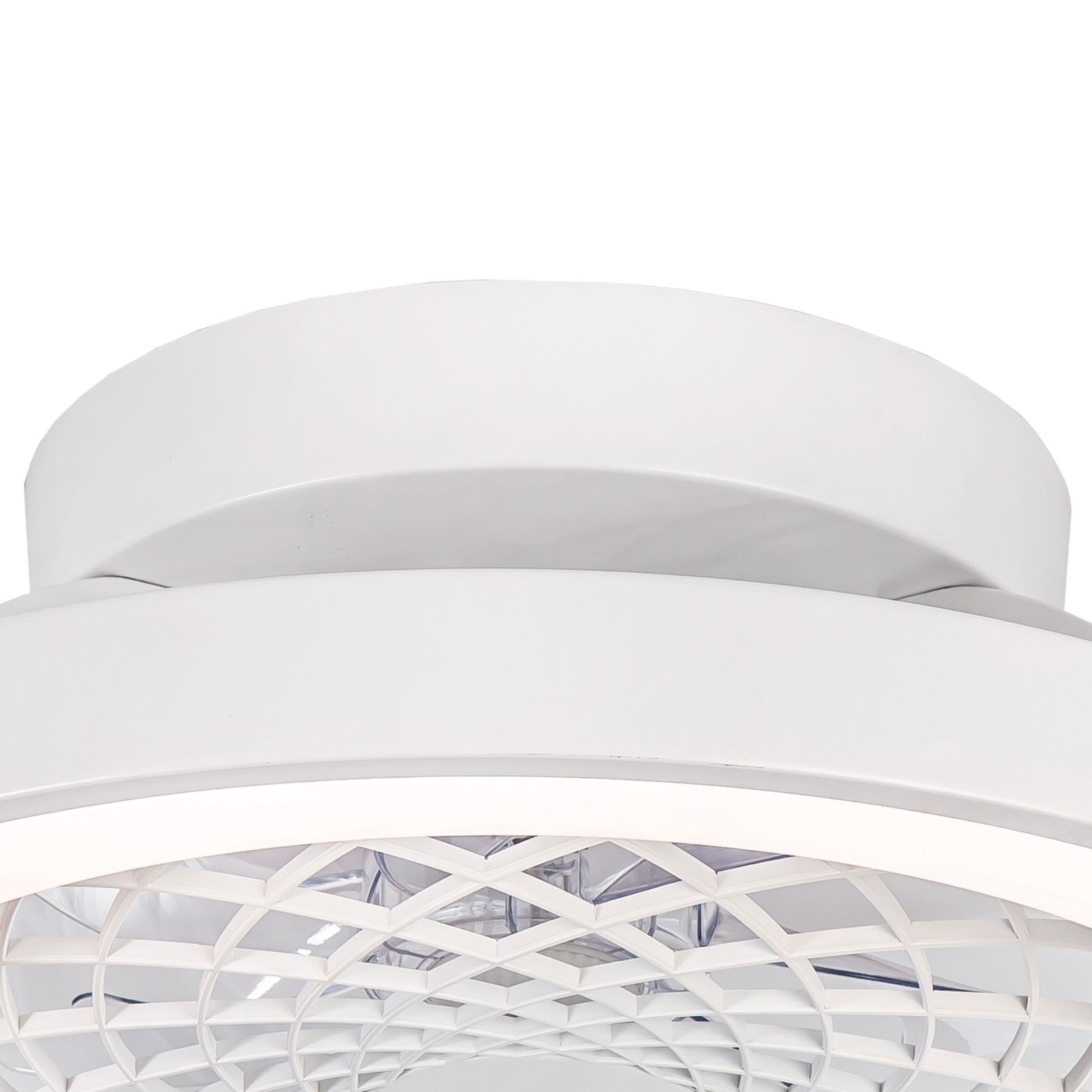 Here is a close-up of the Ceiling Fans UK Tibet Mini White Ceiling Fan with Light. This 53cm fan, equipped with a 70W LED dimmable ceiling light and a 35W DC reversible fan, showcases a modern grid-like blade design and sleek round housing. Its minimalist contemporary look suits various interior styles, and it comes with a remote for easy control and includes a 5-year warranty for added peace of mind.
