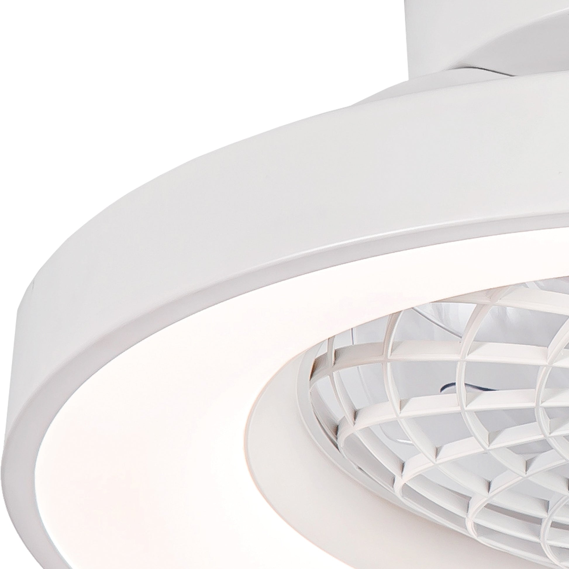 Close-up of a Ceiling Fans UK Tibet Mini White Ceiling Fan with a 70W dimmable LED light ring encircling the reversible 35W DC fan blades. The sleek design is both minimalistic and contemporary, featuring clean lines, a smooth finish, and a mesh grille around the blades for added safety. This image showcases the modern elegance of this fixture that also comes with a remote and includes a 5-year warranty.