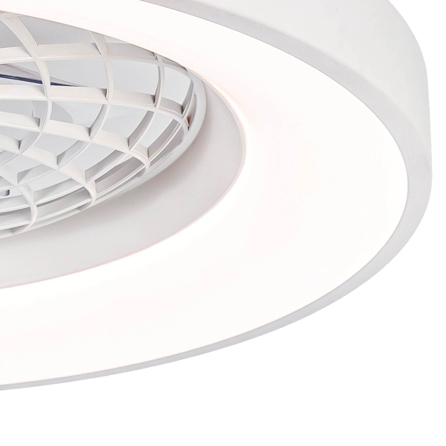 Close-up view of the Tibet Mini White Ceiling Fan with Light by Ceiling Fans UK. Featuring a modern, circular and dimmable 70W LED ceiling light with a white, curved design. The inner section boasts a geometric pattern with a diamond-shaped grid for an intricate and stylish appearance. The fan includes a 35W DC reversible motor and is controlled via remote, offering both functionality and sleek brightness, backed by a 5-year warranty.