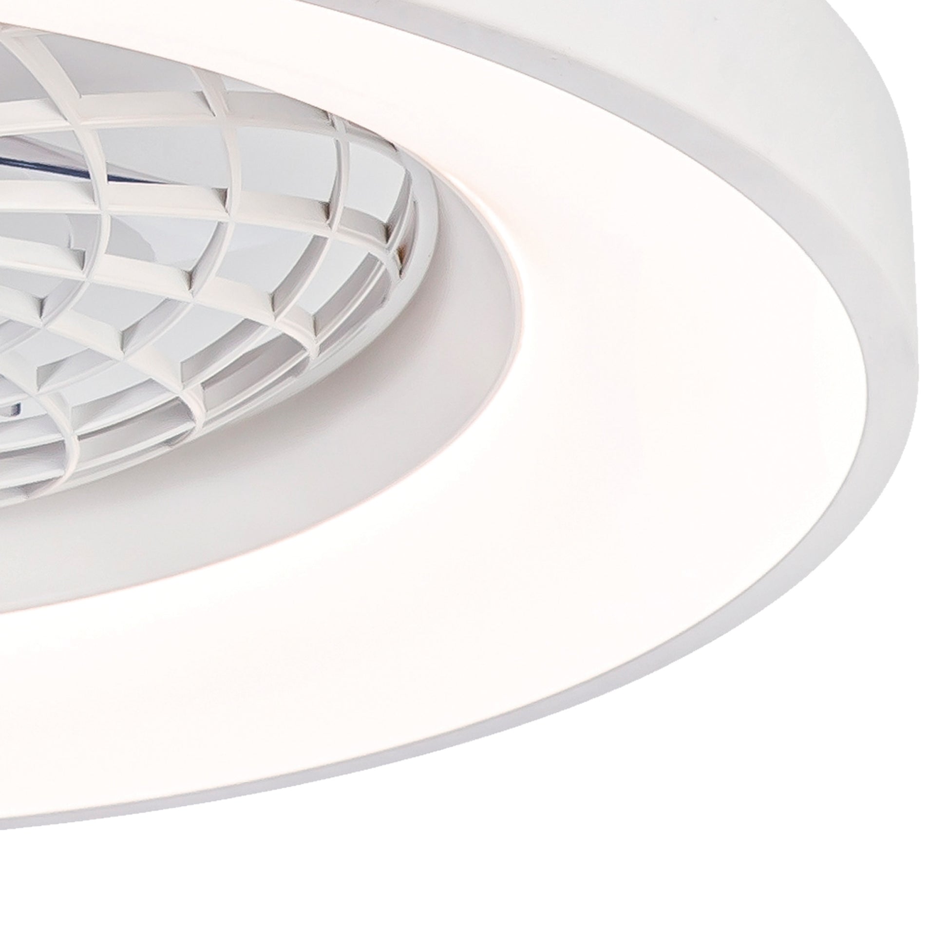Close-up view of the Tibet Mini White Ceiling Fan with Light by Ceiling Fans UK. Featuring a modern, circular and dimmable 70W LED ceiling light with a white, curved design. The inner section boasts a geometric pattern with a diamond-shaped grid for an intricate and stylish appearance. The fan includes a 35W DC reversible motor and is controlled via remote, offering both functionality and sleek brightness, backed by a 5-year warranty.