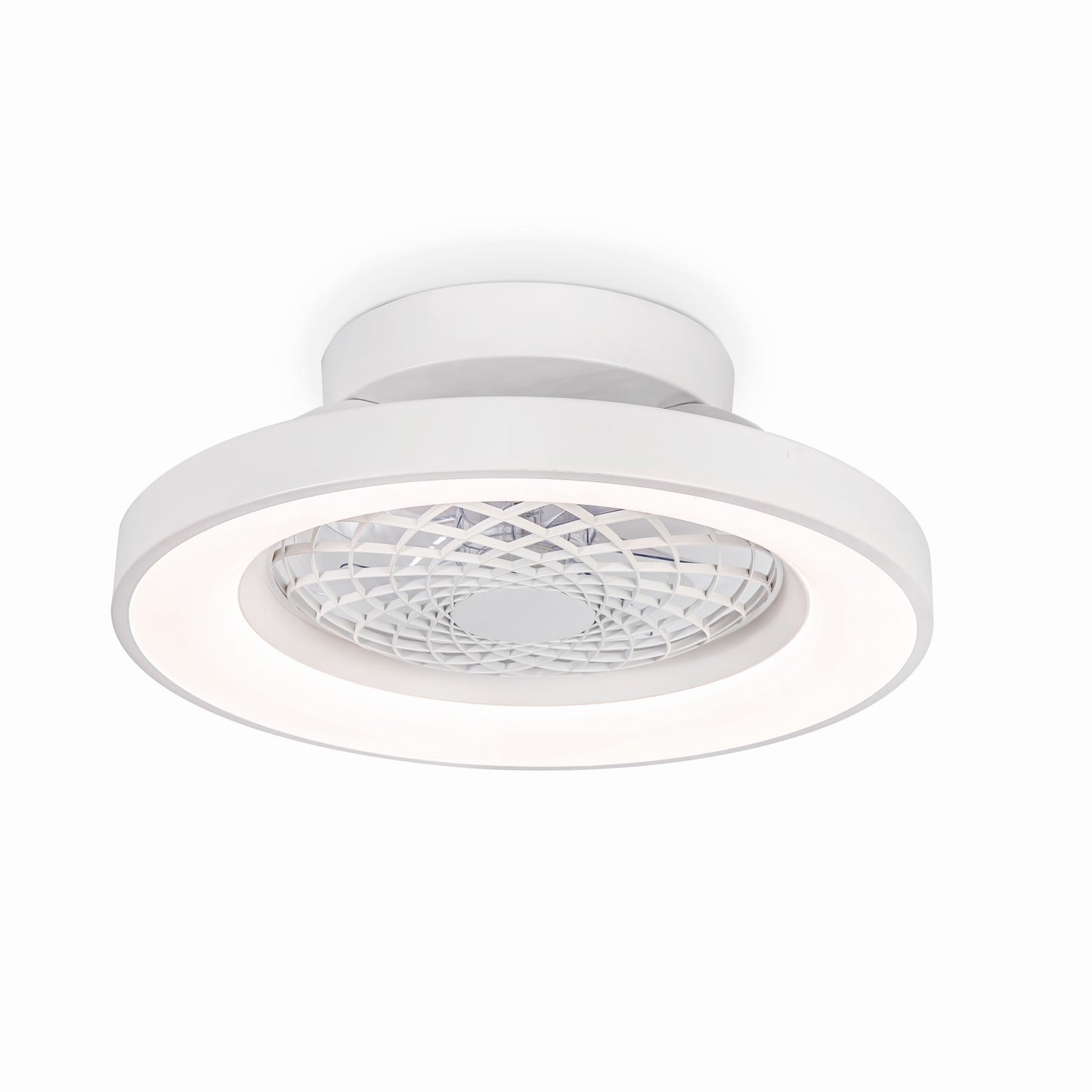 A sleek and modern Tibet Mini White Ceiling Fan from Ceiling Fans UK, featuring a 53cm diameter, integrated 70W LED dimmable ceiling light, and a reversible 35W DC fan encased within a lattice-like protective covering. The minimalist design effortlessly blends functionality with aesthetic appeal against its plain white background. Includes remote control and comes with a 5-year warranty.