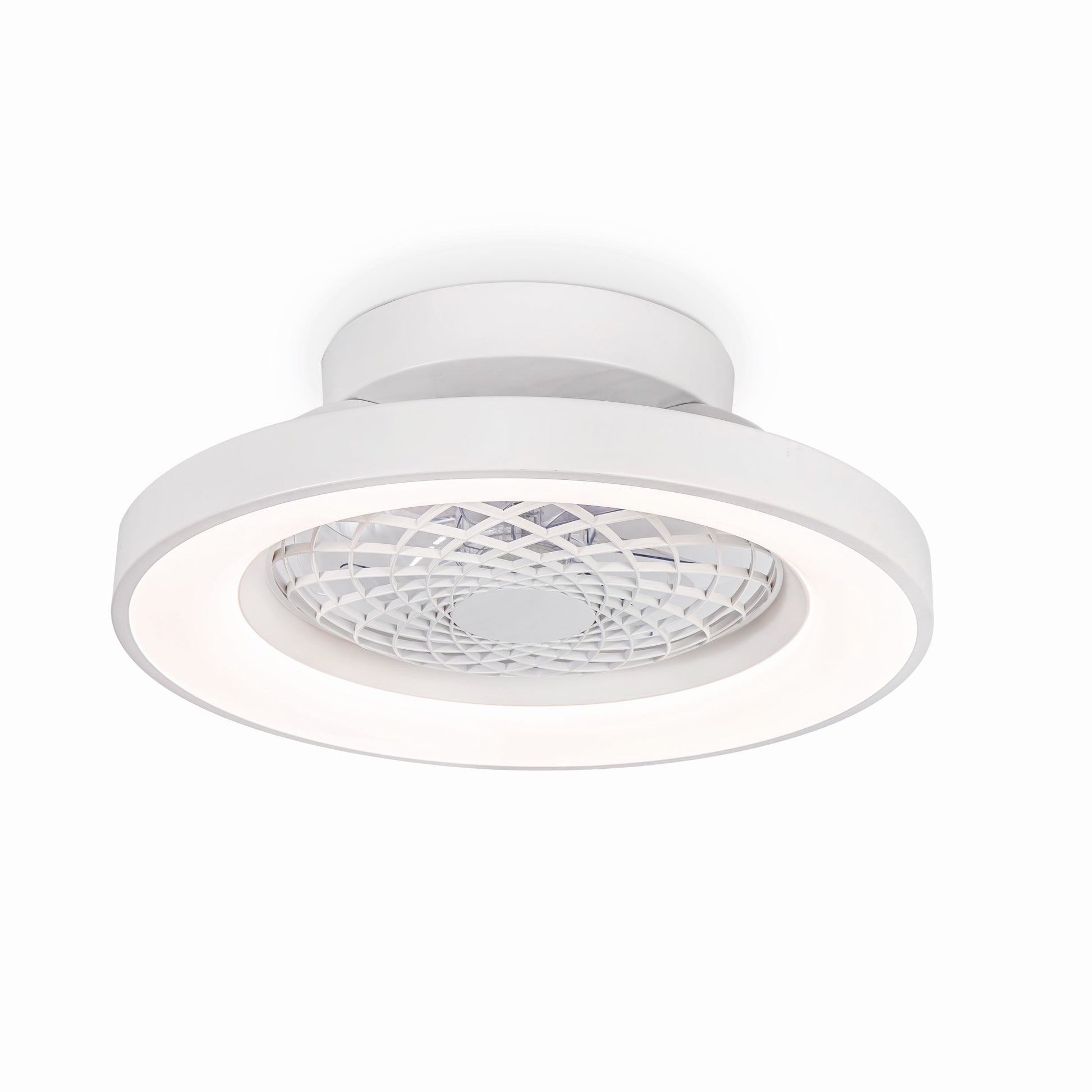 A sleek and modern Tibet Mini White Ceiling Fan from Ceiling Fans UK, featuring a 53cm diameter, integrated 70W LED dimmable ceiling light, and a reversible 35W DC fan encased within a lattice-like protective covering. The minimalist design effortlessly blends functionality with aesthetic appeal against its plain white background. Includes remote control and comes with a 5-year warranty.