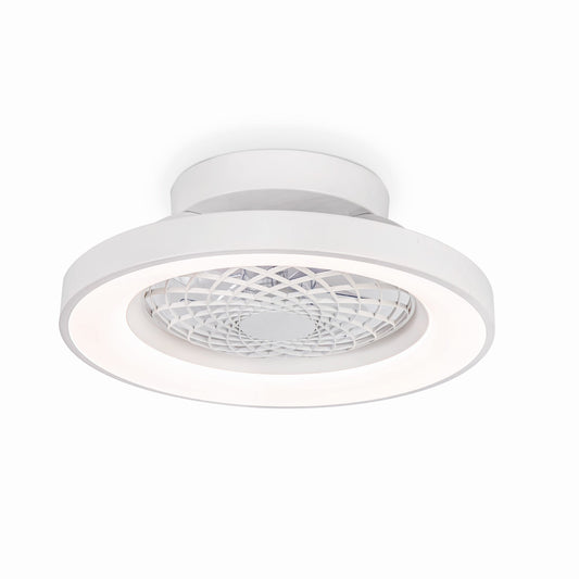 A sleek and modern Tibet Mini White Ceiling Fan from Ceiling Fans UK, featuring a 53cm diameter, integrated 70W LED dimmable ceiling light, and a reversible 35W DC fan encased within a lattice-like protective covering. The minimalist design effortlessly blends functionality with aesthetic appeal against its plain white background. Includes remote control and comes with a 5-year warranty.