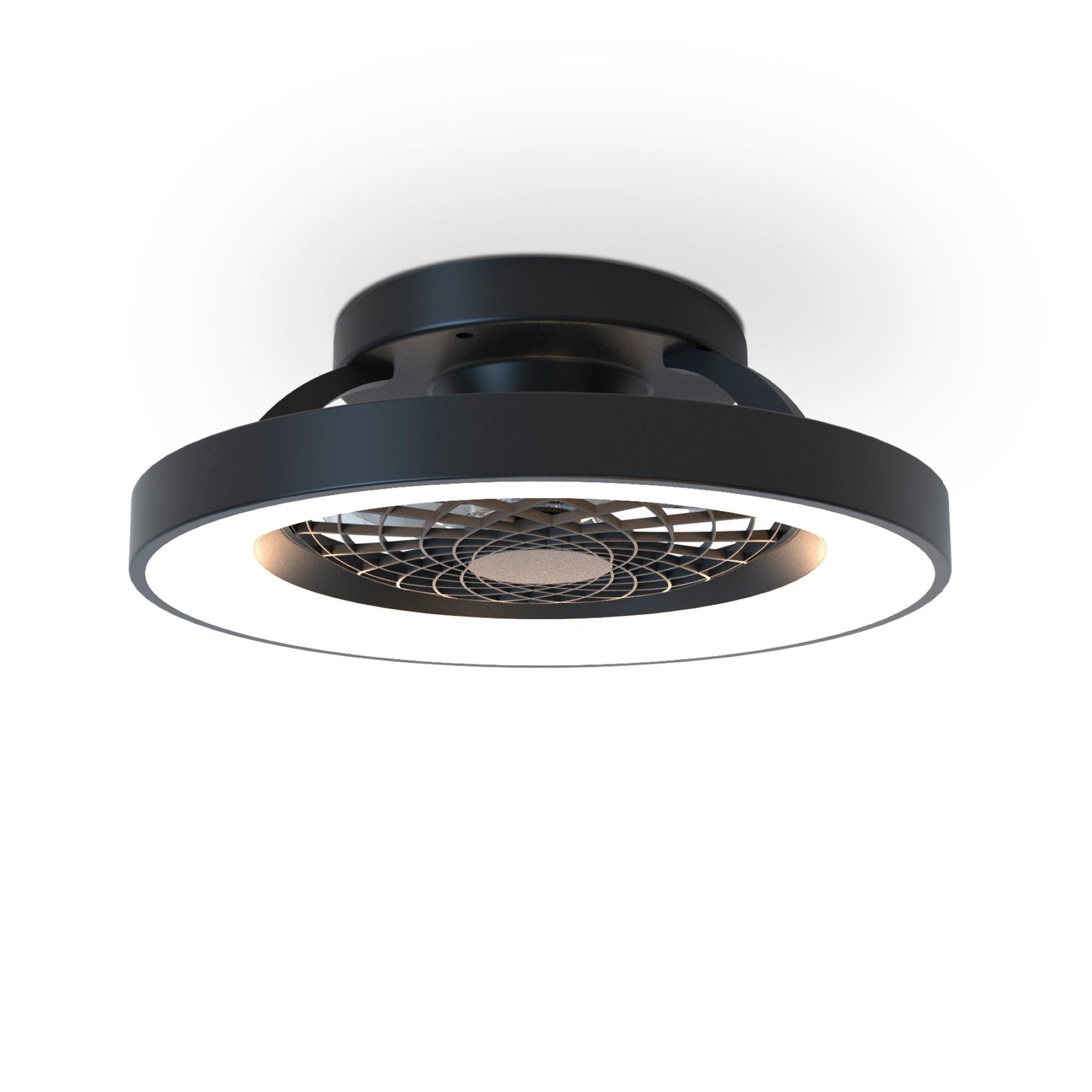 A modern Ceiling Fans UK ceiling fan with a sleek, black finish and an integrated circular, dimmable 70W LED ceiling light. The 35W DC reversible fan blades are enclosed in a protective mesh, and the overall design is minimalist and contemporary, mounted against a plain white ceiling. The product offers 3900lm brightness and comes with a remote control as well as a 5-year warranty.