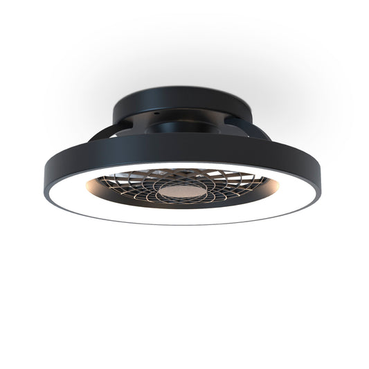 A modern Ceiling Fans UK ceiling fan with a sleek, black finish and an integrated circular, dimmable 70W LED ceiling light. The 35W DC reversible fan blades are enclosed in a protective mesh, and the overall design is minimalist and contemporary, mounted against a plain white ceiling. The product offers 3900lm brightness and comes with a remote control as well as a 5-year warranty.