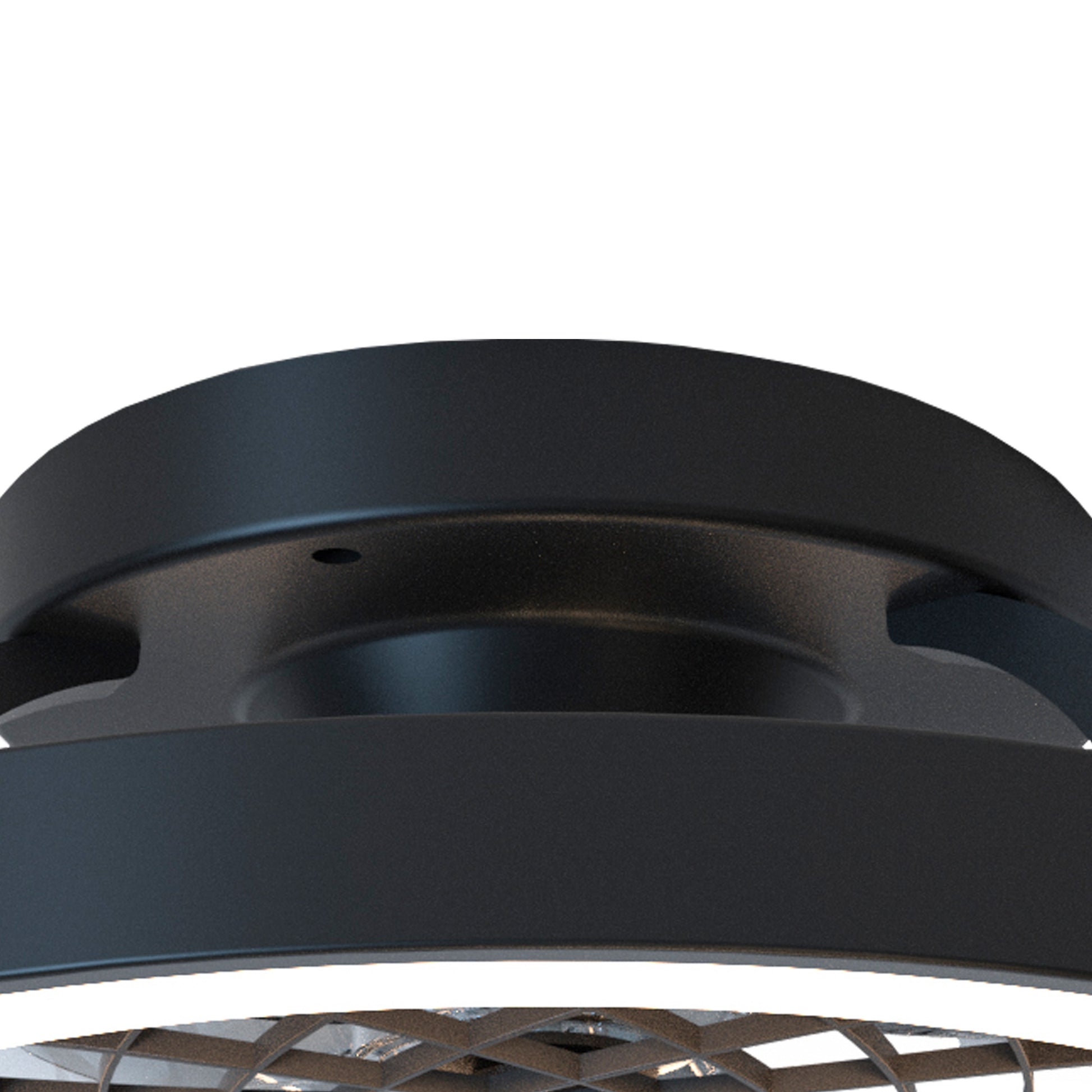 Close-up view of a black, cylindrical ceiling fixture with a metal grid and fan blades inside. The outer casing is smooth and dark, with some inner components partially visible. This modern, industrial Ceiling Fans UK Tibet Mini Black 53cm 70W LED Dimmable Ceiling Light with 35W DC Reversible Fan includes a remote control for added convenience and offers a brightness of 3900 lumens along with a 5-year warranty.