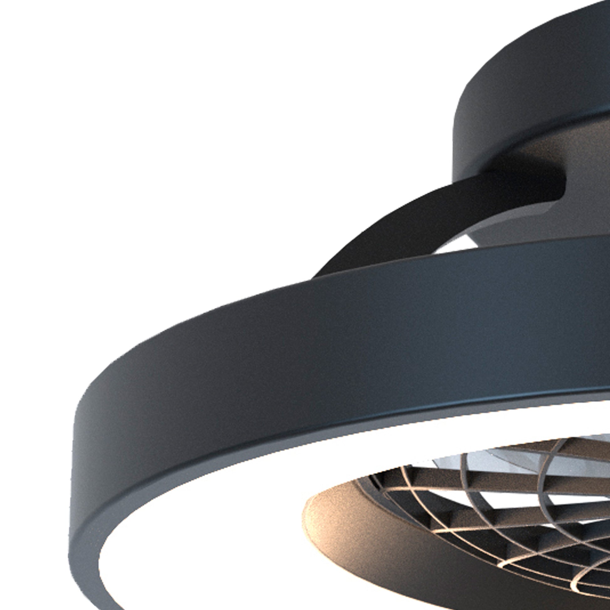 A close-up view of the Tibet Mini Black, a modern dimmable LED ceiling light fixture by Ceiling Fans UK. This 53cm circular fixture features a sleek black frame and a suspended ring with an integrated 70W LED light. From the bottom angle, the bulb and inner components are clearly visible. It also includes a 35W DC reversible fan, remote control, produces 3900 lumens of light, and comes with a 5-year warranty.