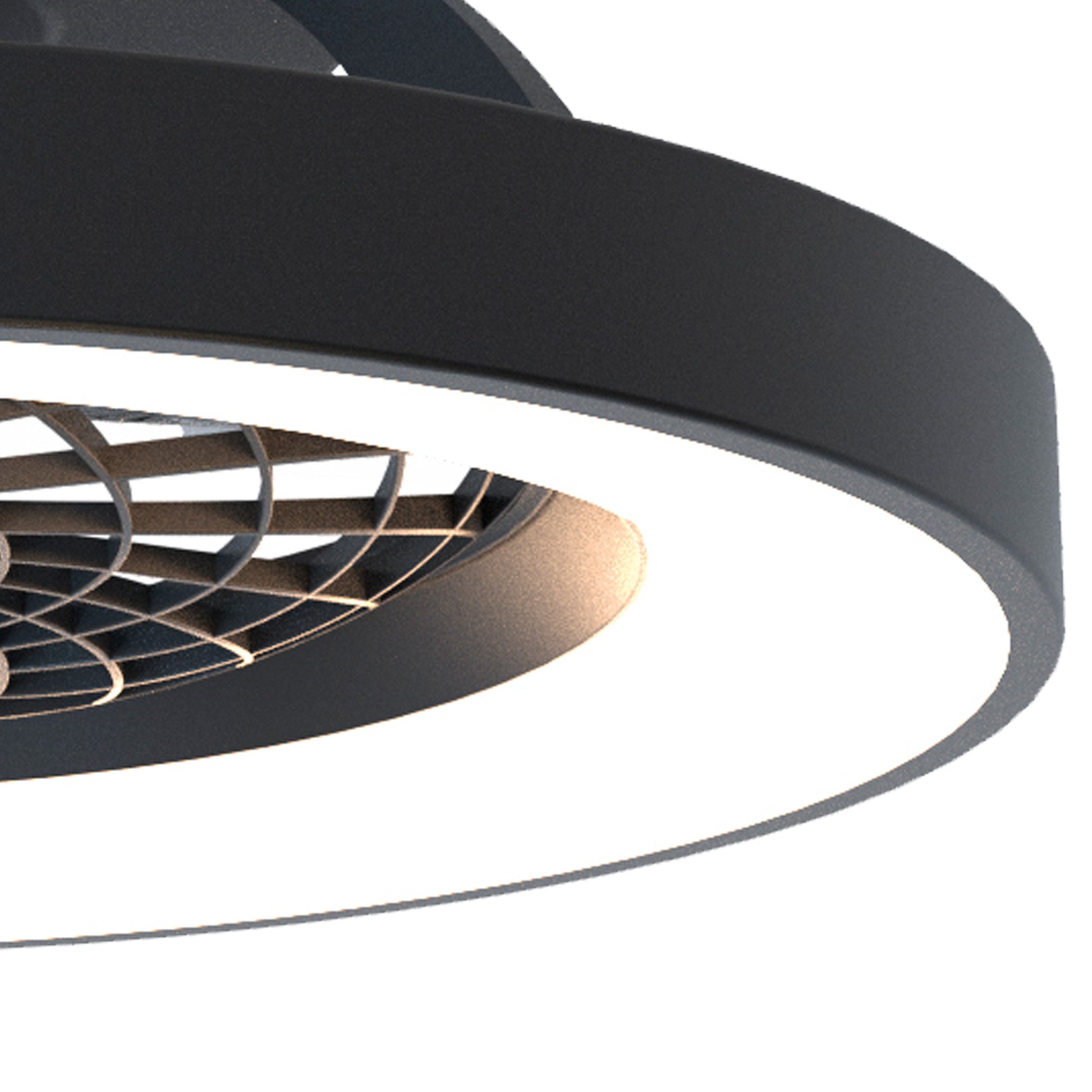 Close-up of the Ceiling Fans UK Tibet Mini Black ceiling fan, featuring an integrated circular 70W LED light. The sleek, minimalist design showcases fan blades enclosed within the light ring. This remote-controlled 53cm fan with its dimmable LED ceiling light and reversible 35W DC motor is set against a white background, emphasizing every detail.