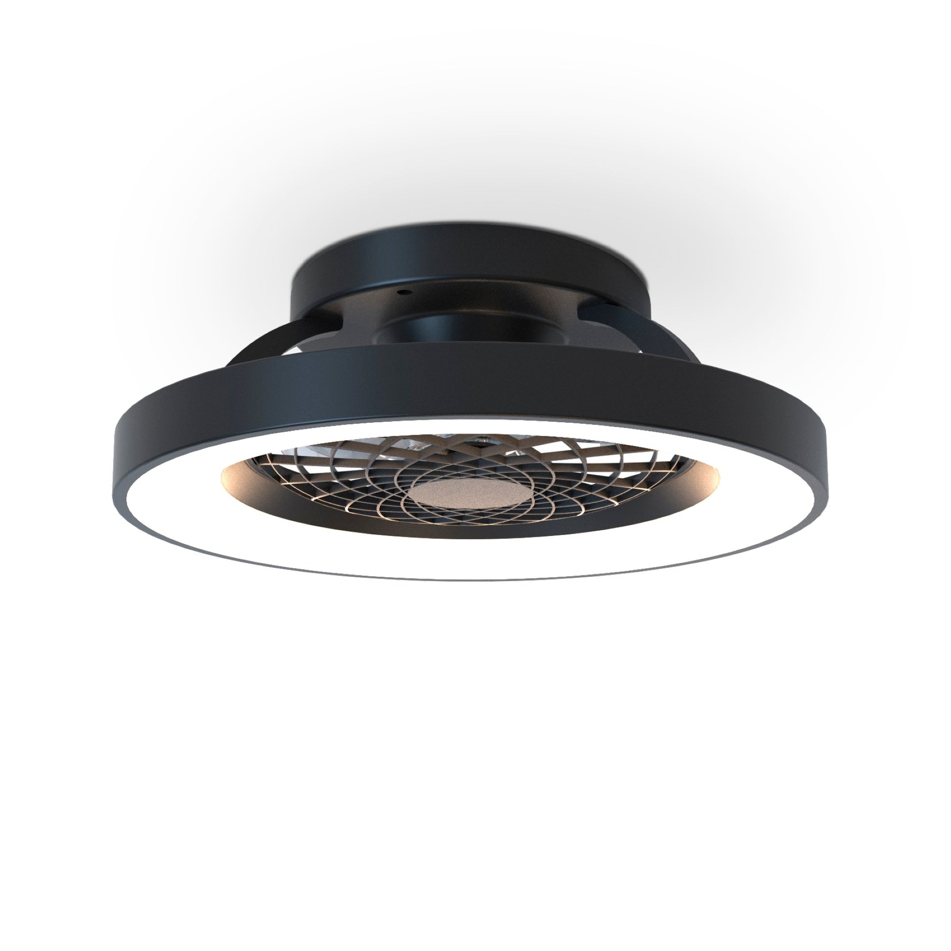 The Tibet Mini Black ceiling fan by Ceiling Fans UK is a modern fixture featuring a sleek black housing and a 53cm circular, dimmable LED light ring encompassing the fan blades. This stylish, minimalist design includes a remote-controlled 35W DC reversible fan, providing 3900lm of illumination and is beautifully mounted on a white ceiling. It also comes with a reassuring 5-year warranty for peace of mind.