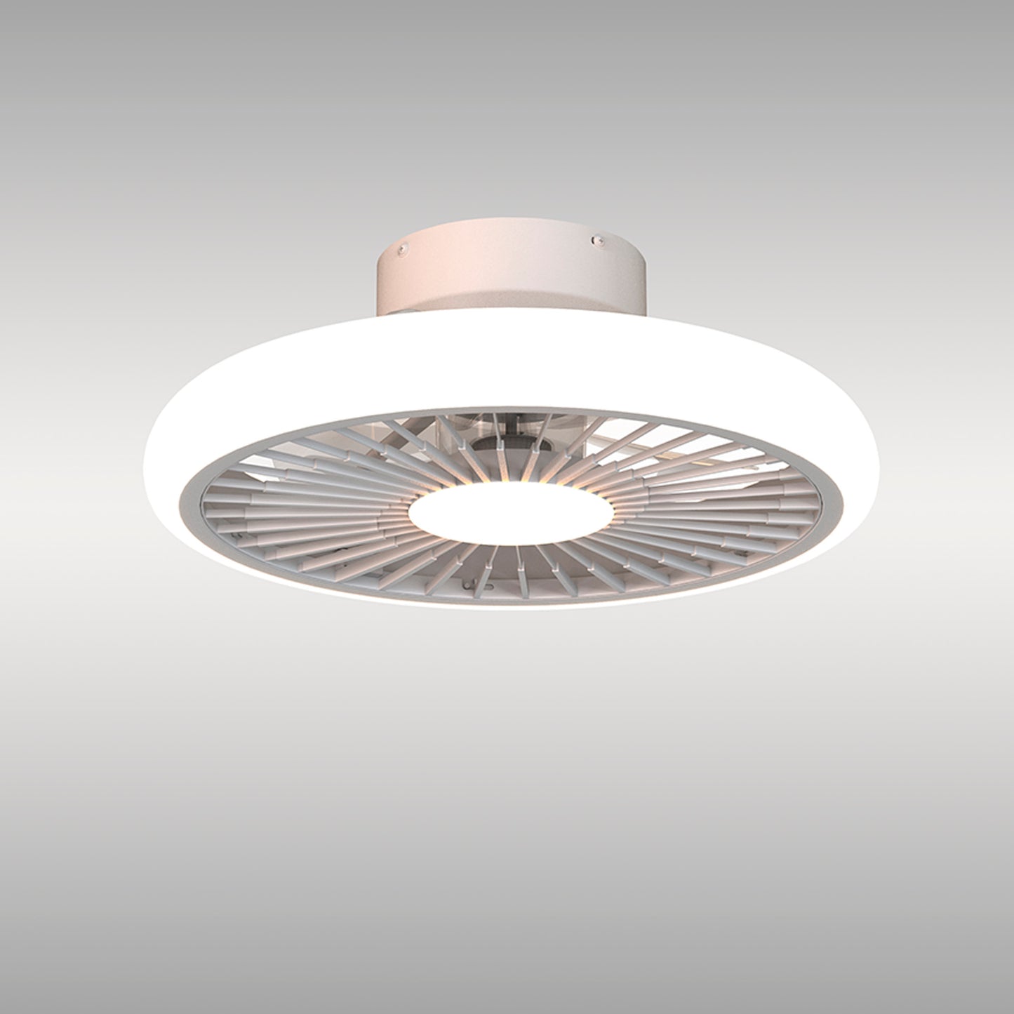The "Turbo White Ceiling Fan with Light" from Ceiling Fans UK is a 51.2cm ceiling-mounted fixture that features a 55W dimmable LED light and an integrated 30W DC reversible fan. The design boasts a modern circular aesthetic with a smooth white finish and symmetrical fan blades at the center, seamlessly blending both adjustable lighting and efficient air circulation. This product also comes with a 5-year warranty for added peace of mind.