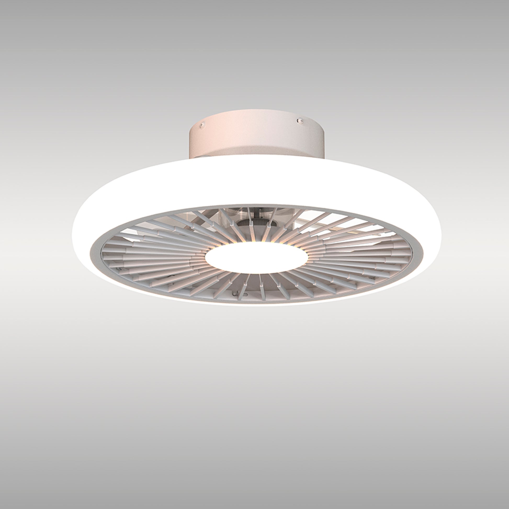 The "Turbo White Ceiling Fan with Light" from Ceiling Fans UK is a 51.2cm ceiling-mounted fixture that features a 55W dimmable LED light and an integrated 30W DC reversible fan. The design boasts a modern circular aesthetic with a smooth white finish and symmetrical fan blades at the center, seamlessly blending both adjustable lighting and efficient air circulation. This product also comes with a 5-year warranty for added peace of mind.
