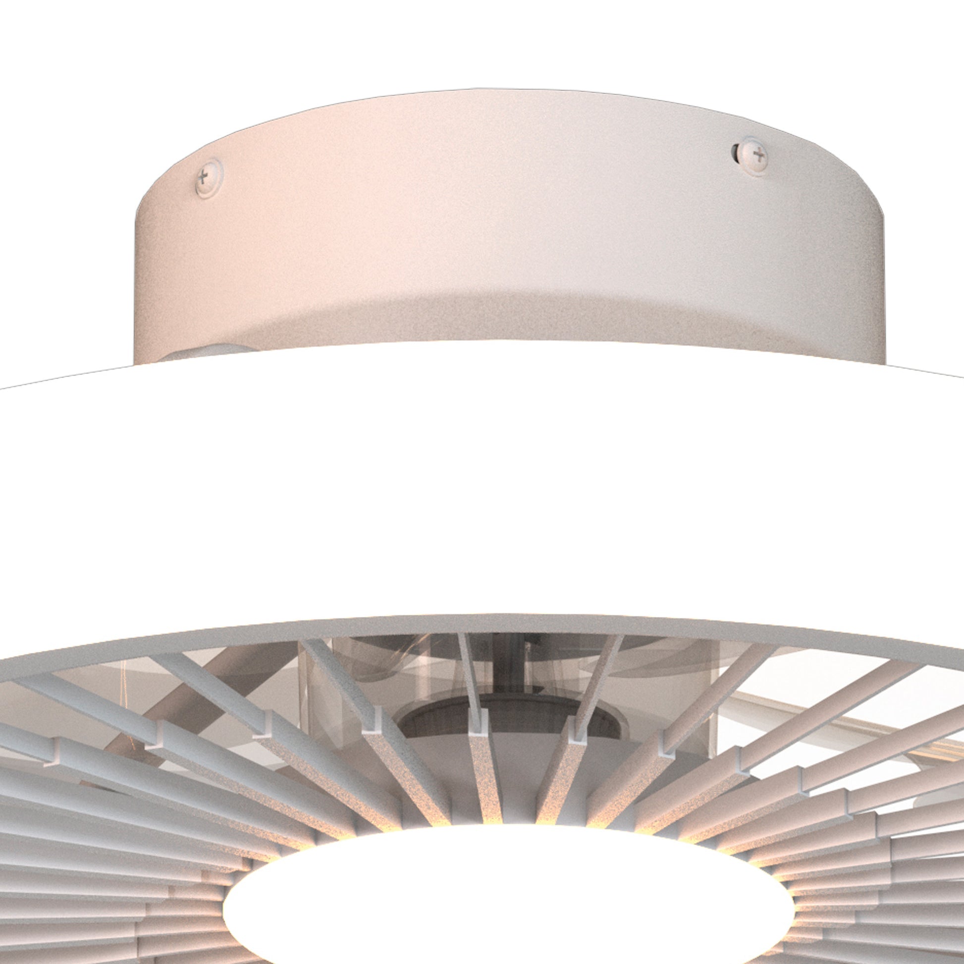 Close-up of the Turbo White Ceiling Fan with Light by Ceiling Fans UK, showcasing its LED dimmable ceiling light fixture. The cylindrical mount supports a circular design with spokes radiating from the center, all encased in a white, translucent cover. The light is turned on, casting a warm glow. The background is plain white.