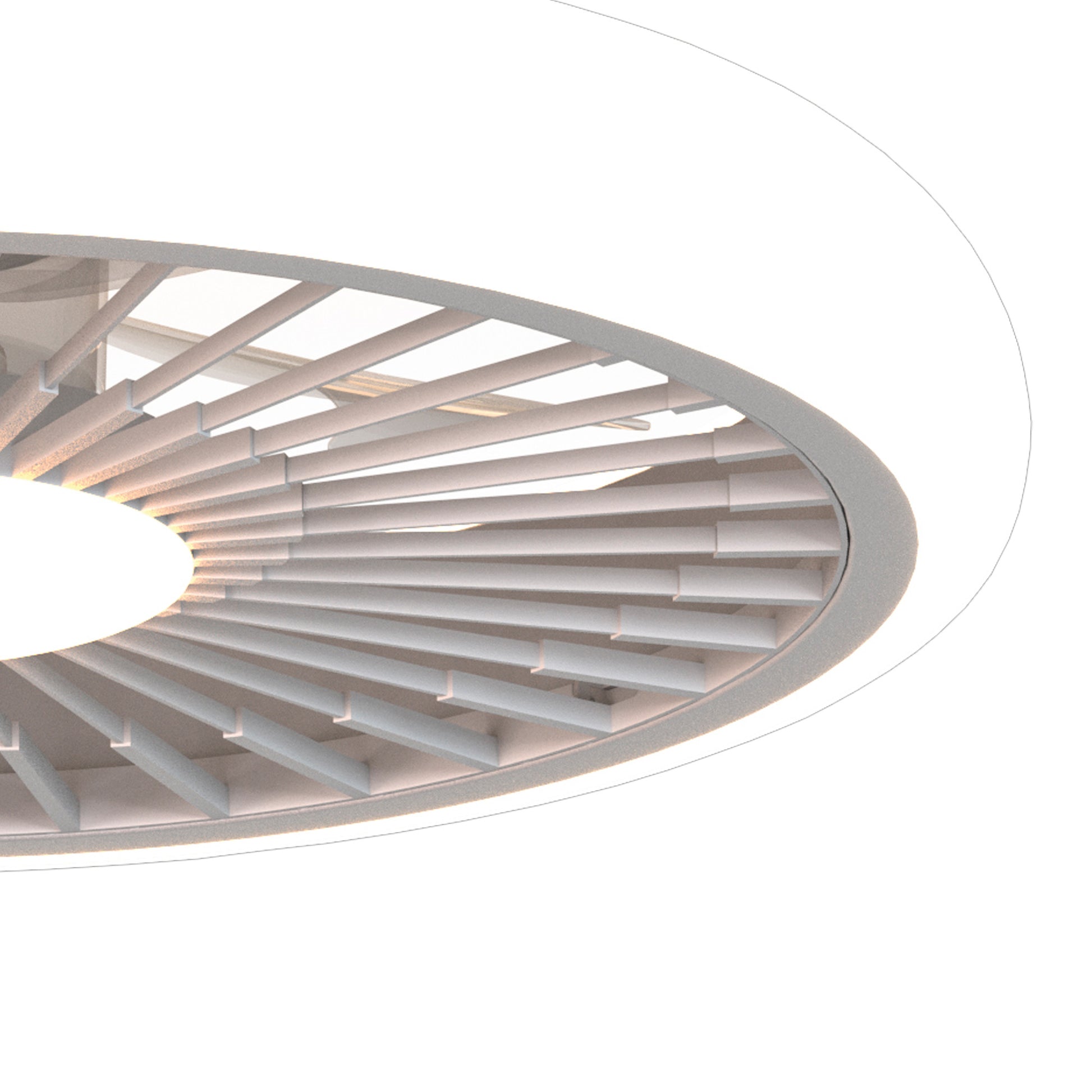A close-up view of the "Turbo White Ceiling Fan with Light" by Ceiling Fans UK. This modern fixture features a circular design with evenly spaced radial slats around the central bulb, offering a sleek and contemporary appearance. The light is dimmable and incorporates a powerful 51.2cm 55W LED, along with a built-in 30W DC reversible fan that comes with a 5-year warranty. The background is plain white.