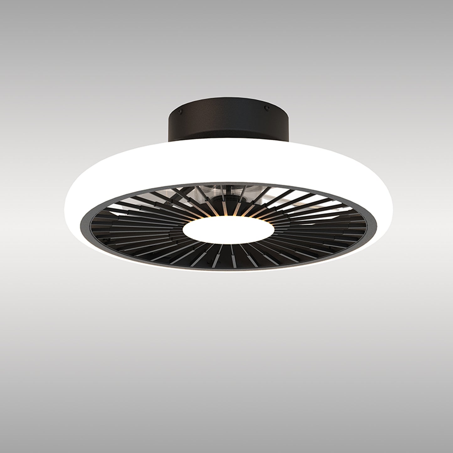 The Turbo Black Ceiling Fan with Light from Ceiling Fans UK is a sleek, contemporary 51.2cm ceiling fixture featuring a dimmable 55W LED light. It boasts a circular design with a black central hub and an outer ring of white light. The inner ring displays a fan-like pattern of black beams radiating toward the center, complemented by a built-in 30W DC reversible fan for added functionality. This modern piece comes with a 5-year warranty for peace of mind.
