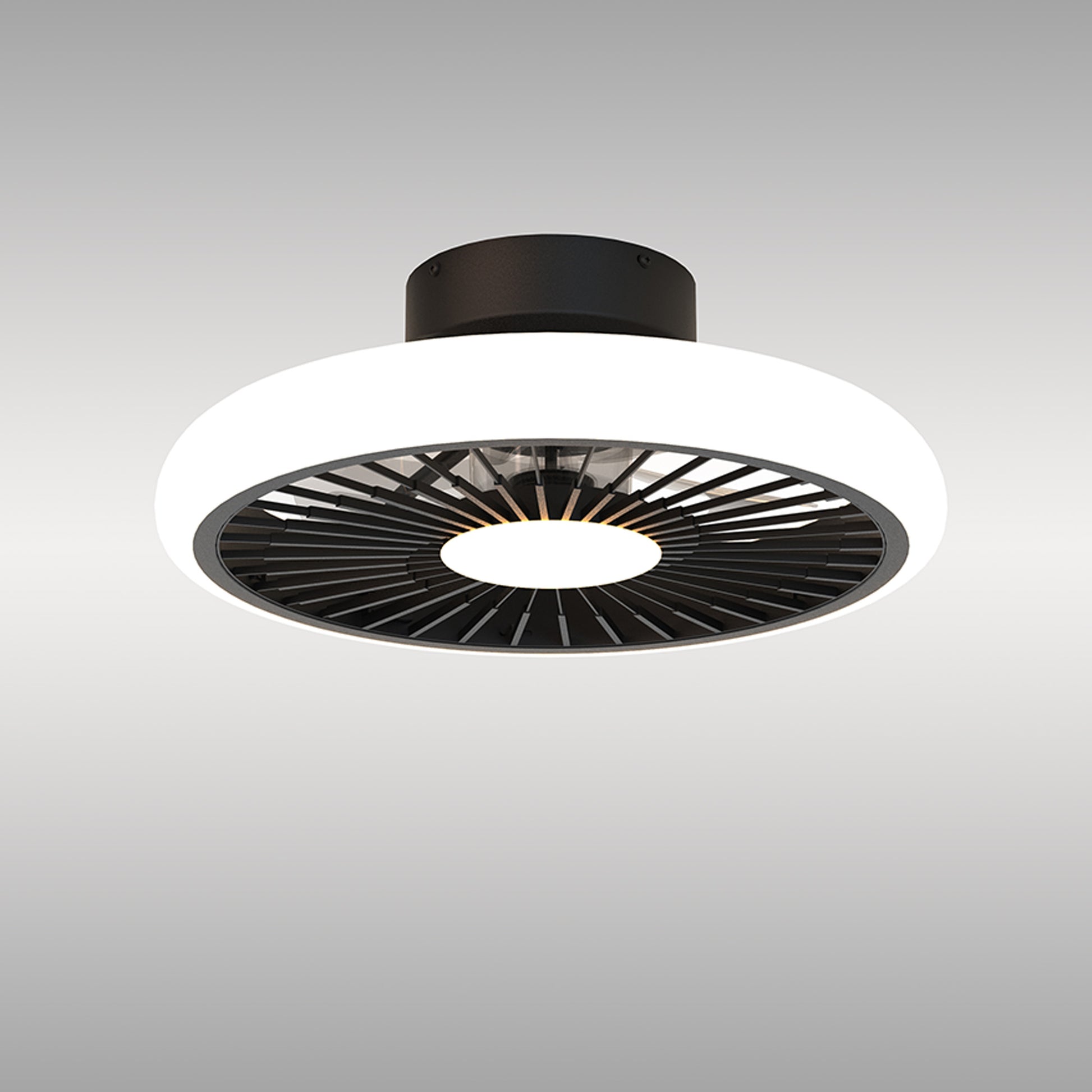 The Turbo Black Ceiling Fan with Light from Ceiling Fans UK is a sleek, contemporary 51.2cm ceiling fixture featuring a dimmable 55W LED light. It boasts a circular design with a black central hub and an outer ring of white light. The inner ring displays a fan-like pattern of black beams radiating toward the center, complemented by a built-in 30W DC reversible fan for added functionality. This modern piece comes with a 5-year warranty for peace of mind.