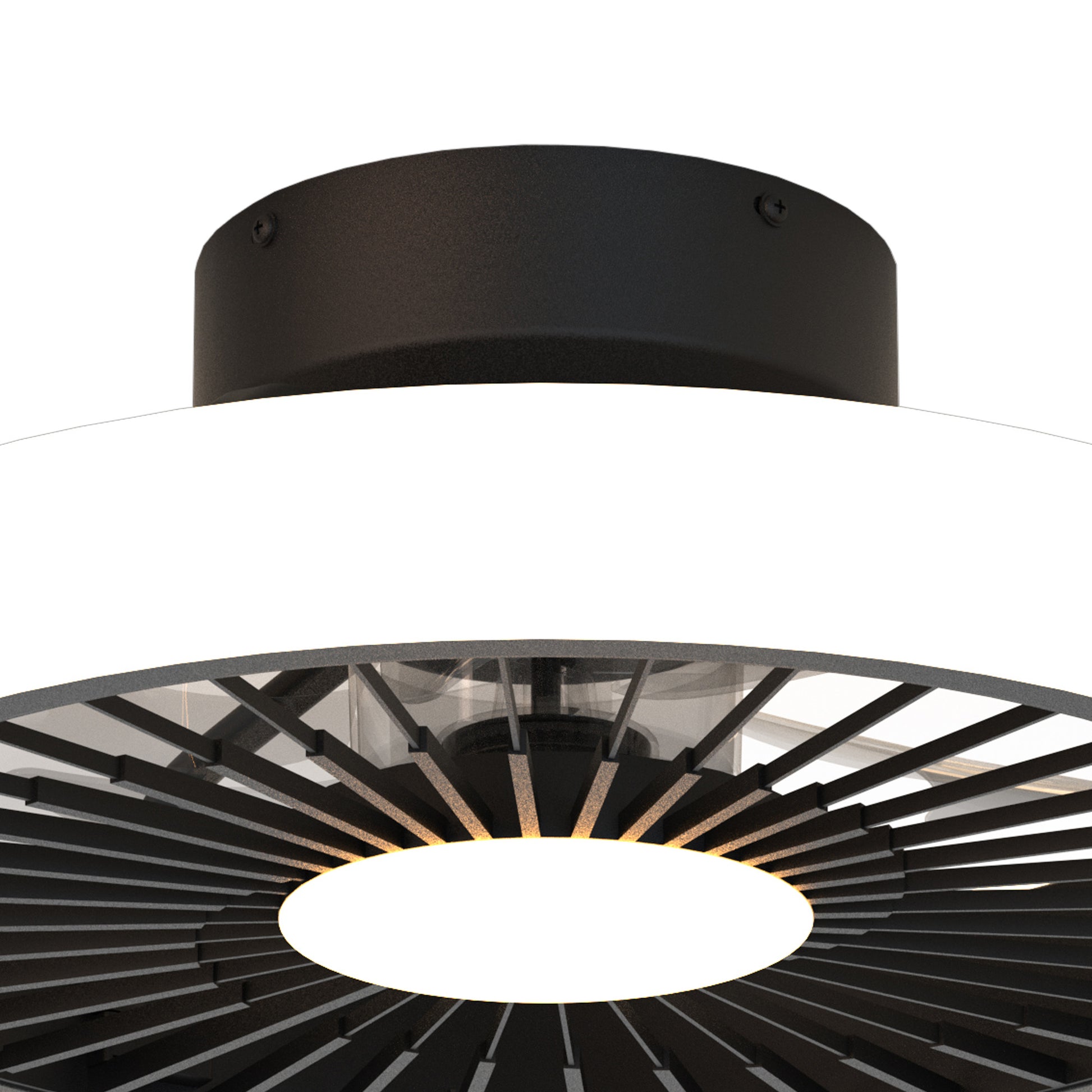 Close-up of the Turbo Black Ceiling Fan with Light from Ceiling Fans UK, showcasing a modern design with a black circular mounting base. The fixture features an LED dimmable ceiling light at its center, surrounded by evenly spaced radial slats that form a geometric pattern. A translucent ring partially diffuses the light, enhancing its aesthetic. This 51.2cm fixture includes a built-in 30W DC reversible fan and comes with a 5-year warranty.