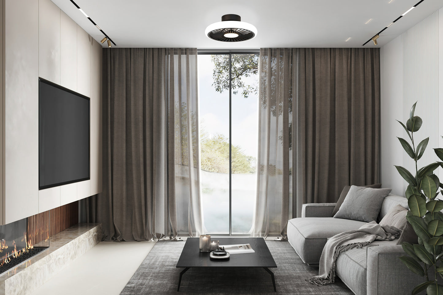 Modern living room with a large window covered by sheer, brown curtains. The space features a gray sofa with a throw blanket, a black coffee table, and a flat-screen TV mounted on a white wall above the sleek, linear fireplace. A Turbo Black Ceiling Fan with Light 51.2cm 55W LED Dimmable Ceiling Light With Built-In 30W DC Reversible Fan from Ceiling Fans UK adds sophistication and style to the room, while a potted plant sits in the corner.