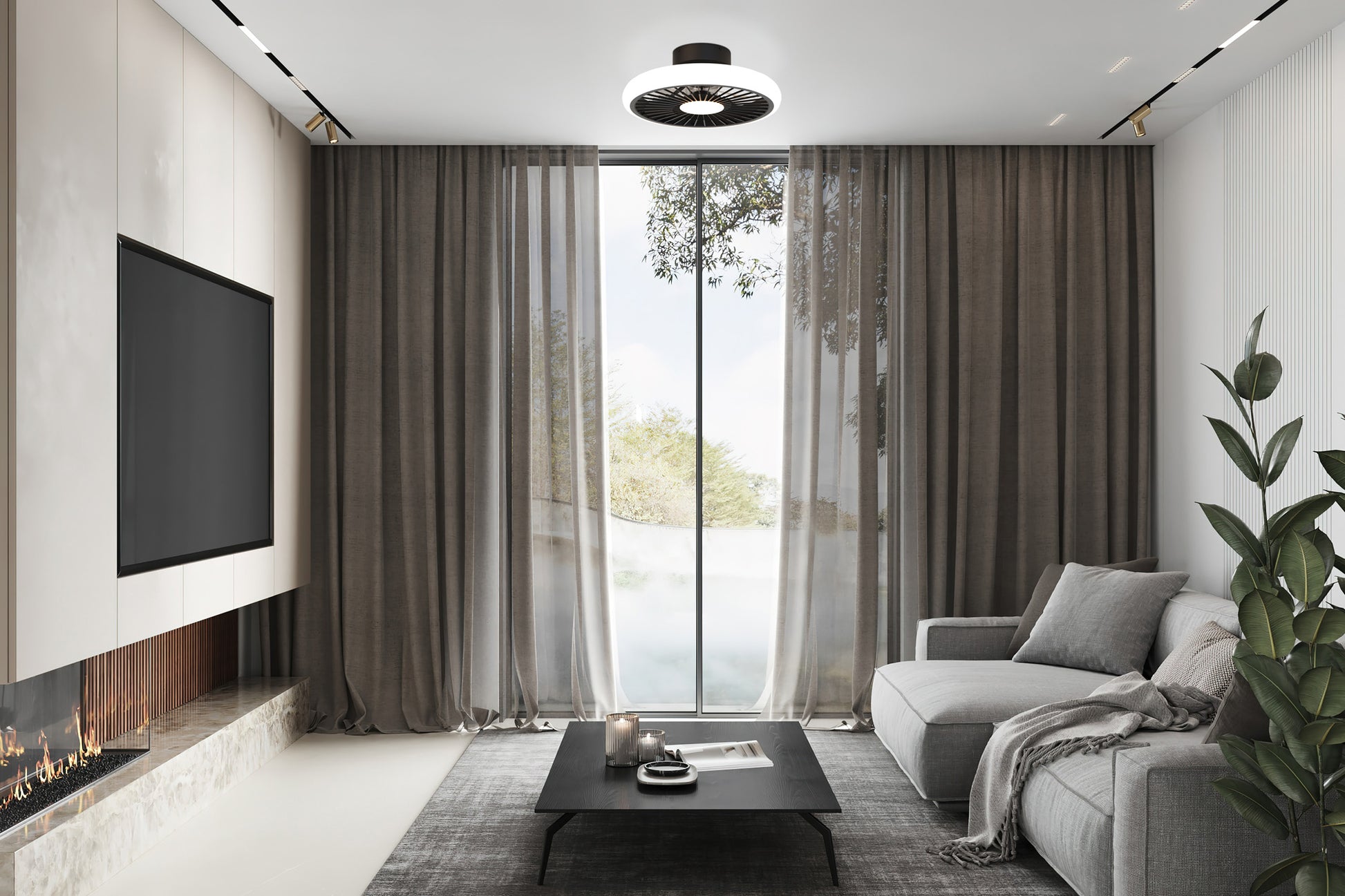 Modern living room with a large window covered by sheer, brown curtains. The space features a gray sofa with a throw blanket, a black coffee table, and a flat-screen TV mounted on a white wall above the sleek, linear fireplace. A Turbo Black Ceiling Fan with Light 51.2cm 55W LED Dimmable Ceiling Light With Built-In 30W DC Reversible Fan from Ceiling Fans UK adds sophistication and style to the room, while a potted plant sits in the corner.