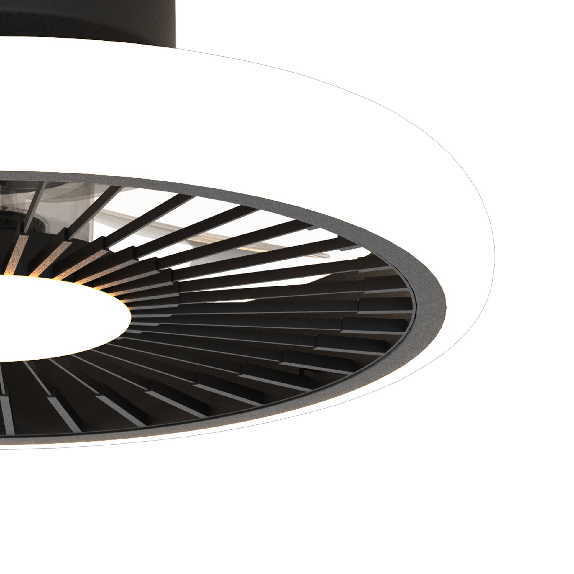 Close-up of the Ceiling Fans UK Turbo Black Ceiling Fan with Light, featuring a sleek, circular design. The black fan blades are enclosed within a frame, while the 51.2cm 55W LED dimmable ceiling light at the center diffuses elegantly for a contemporary look. The built-in 30W DC reversible fan adds functionality and comes with a 5-year warranty for added peace of mind.