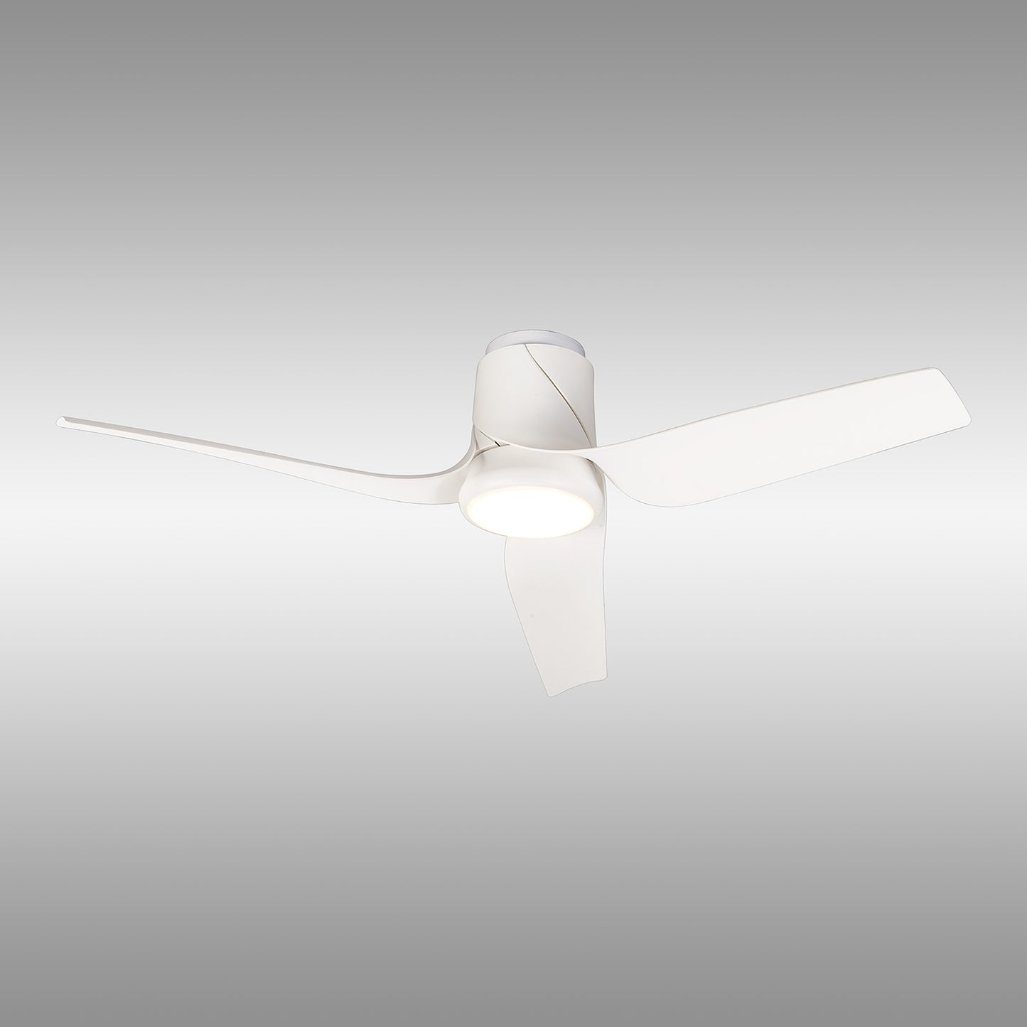 A modern white ceiling fan, the Ushuaia by Ceiling Fans UK, features three sleek and curved blades paired with a 30W integrated dimmable LED light. Set against a plain gradient background, this 133cm fan showcases minimalist design and smooth aerodynamic lines. It also offers ultimate convenience with built-in 35W DC motor and remote APP control.