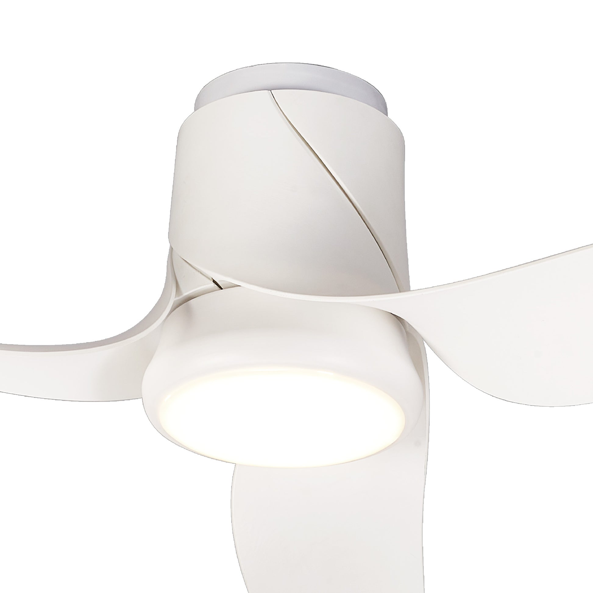 A close-up view of the Ceiling Fans UK Ushuaia White Ceiling Fan showcases its sleek and minimalist design, featuring three curved blades and an integrated 30W LED dimmable ceiling light at the center. The 133cm fan, equipped with a powerful 35W DC motor, emits a soft glow from its illuminated light while providing smooth, flowing lines. Control is available via remote or app, and it comes with a generous 5-year warranty.