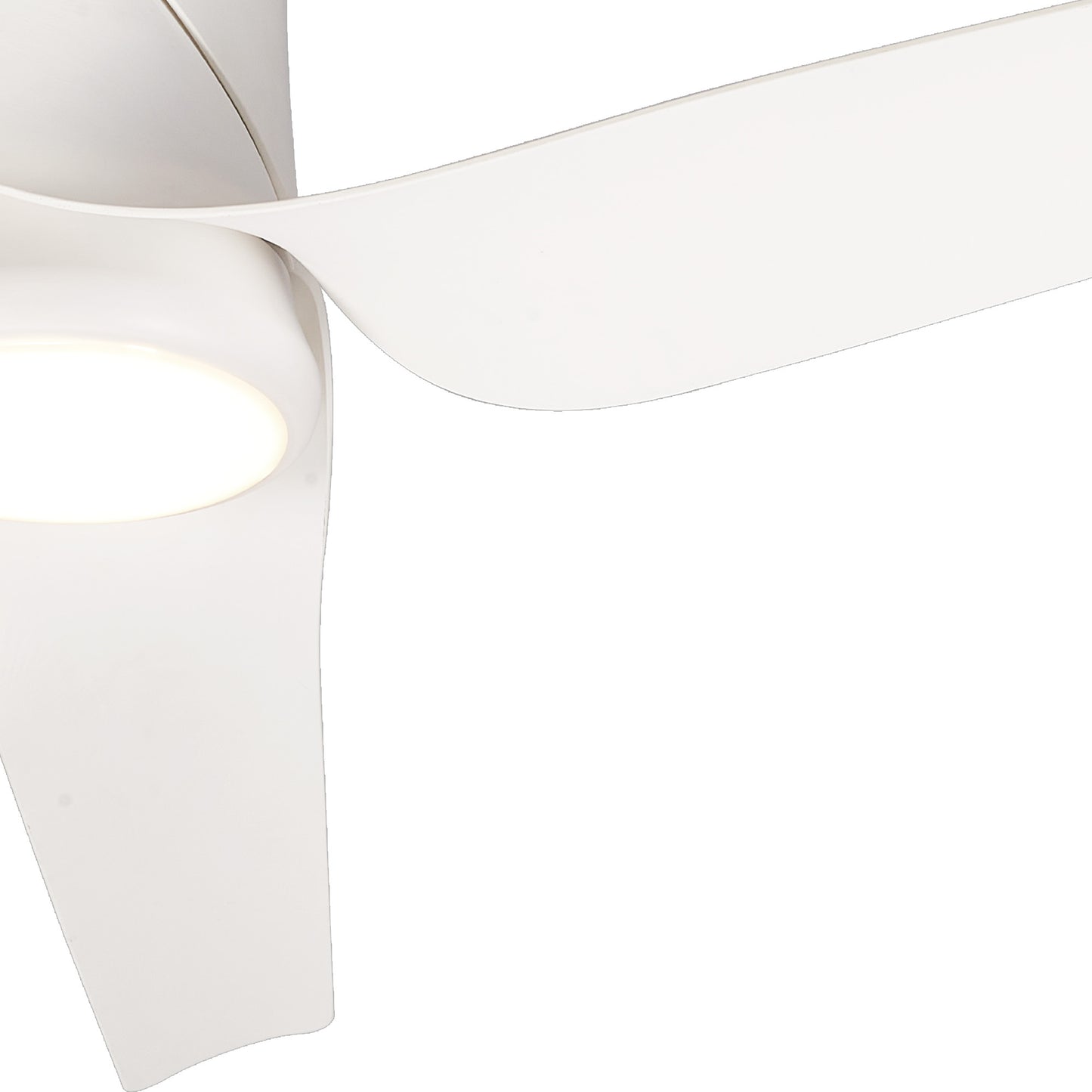 A close-up view of the Ushuaia White Ceiling Fan from Ceiling Fans UK highlights its sleek, curved blades in a minimalist and contemporary design. One prominently visible blade extends from the center fixture, which features a 30W LED dimmable ceiling light. The 133cm fan boasts smooth lines and a clean aesthetic, complete with built-in 35W DC fan, remote and app control, and backed by a 5-year warranty.