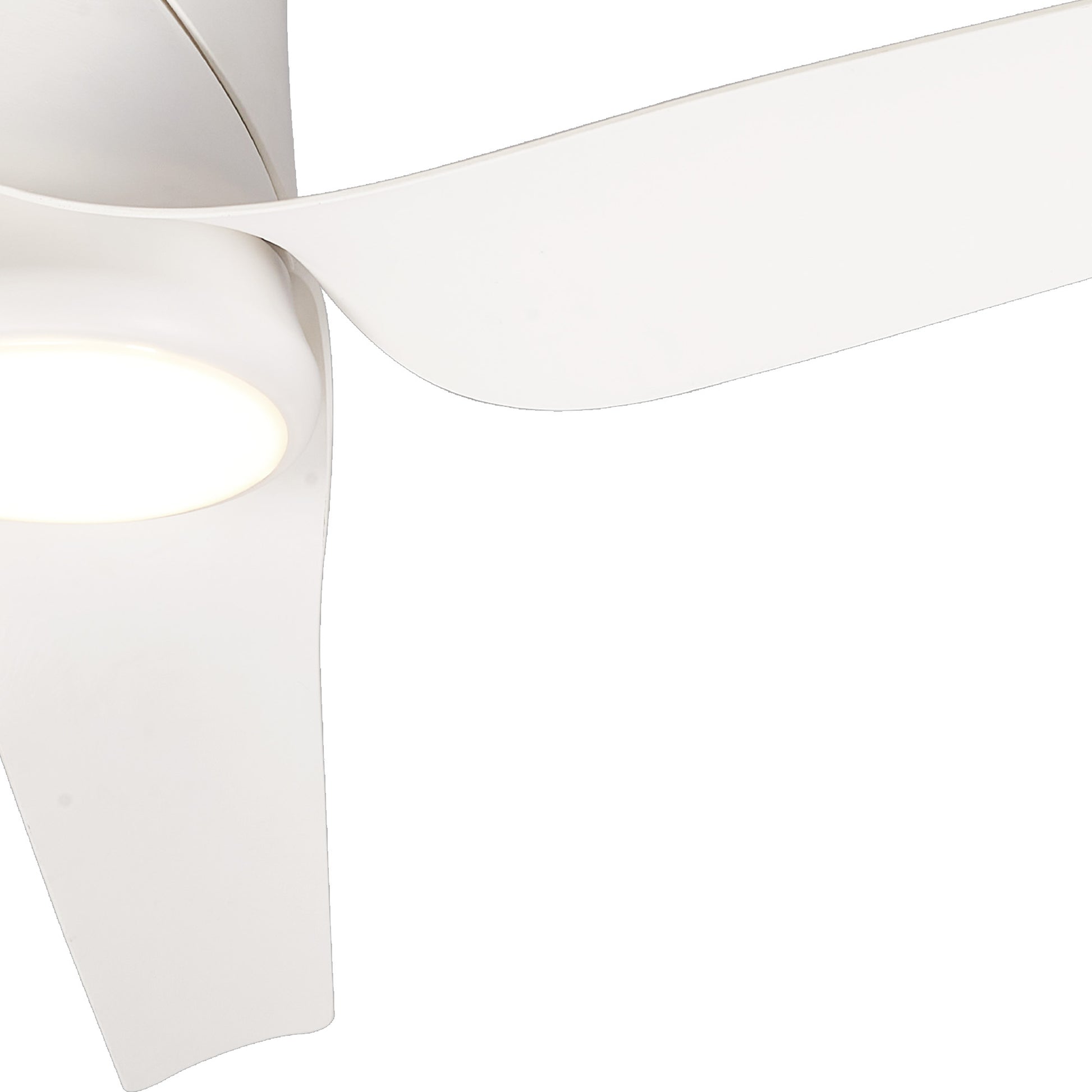 A close-up view of the Ushuaia White Ceiling Fan from Ceiling Fans UK highlights its sleek, curved blades in a minimalist and contemporary design. One prominently visible blade extends from the center fixture, which features a 30W LED dimmable ceiling light. The 133cm fan boasts smooth lines and a clean aesthetic, complete with built-in 35W DC fan, remote and app control, and backed by a 5-year warranty.