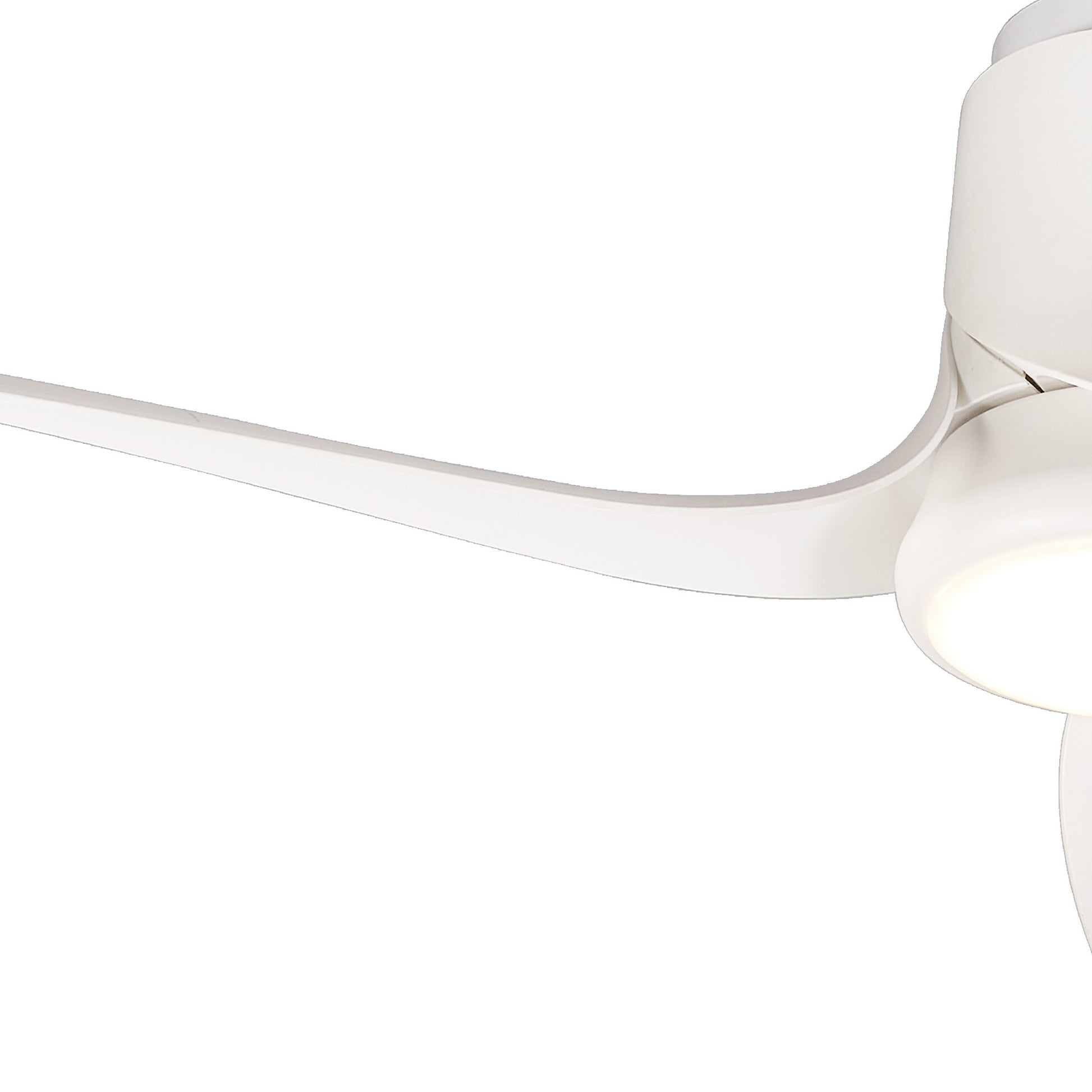 Close-up image of the Ushuaia White Ceiling Fan by Ceiling Fans UK, showcasing a modern design with three sleek, curved blades. This 133cm fan features a 30W LED Dimmable Ceiling Light at its center, providing adjustable illumination and ambiance control. The minimalist and contemporary aesthetic is further enhanced by Remote and APP Control for added convenience. Comes with a built-in 35W DC fan and includes a 5-year warranty.
