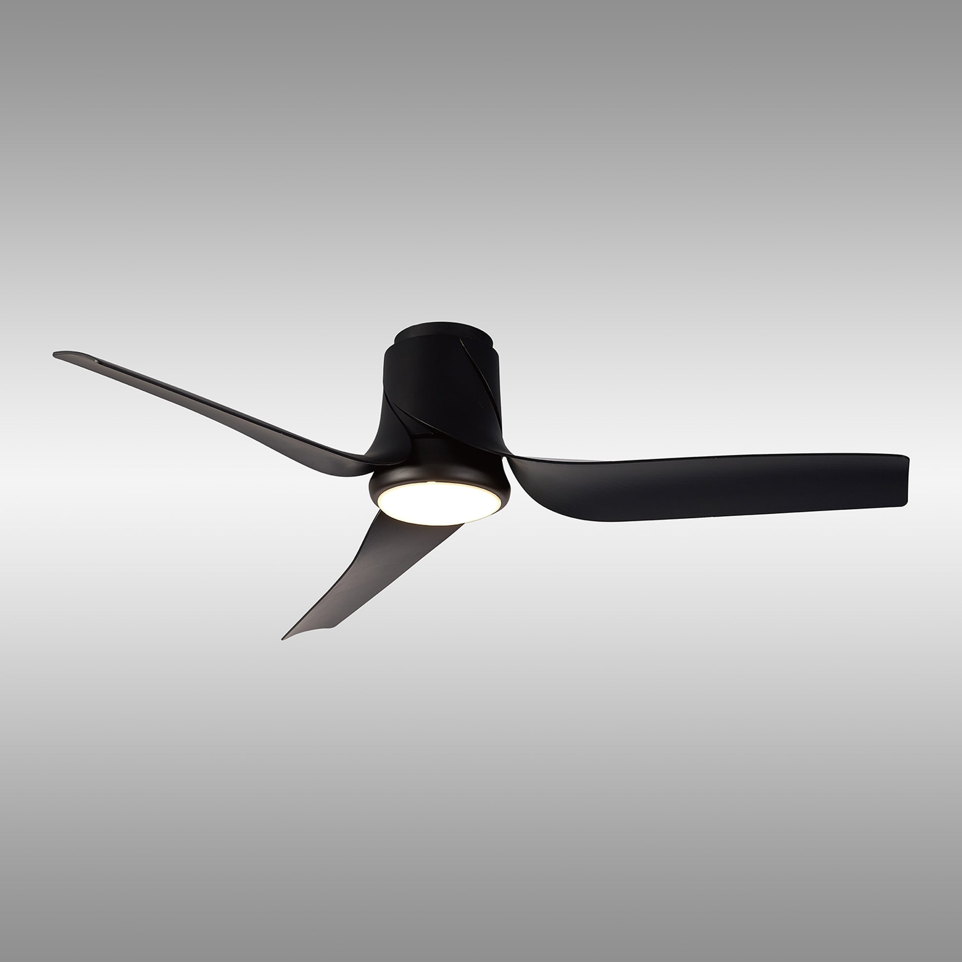 The Ceiling Fans UK MANTRA M8718 Ushuaia Black Ceiling Fan (133cm) features a 30W dimmable LED light, built-in 35W DC fan, remote & APP control, and a 5-year warranty, shown on a plain gray background.