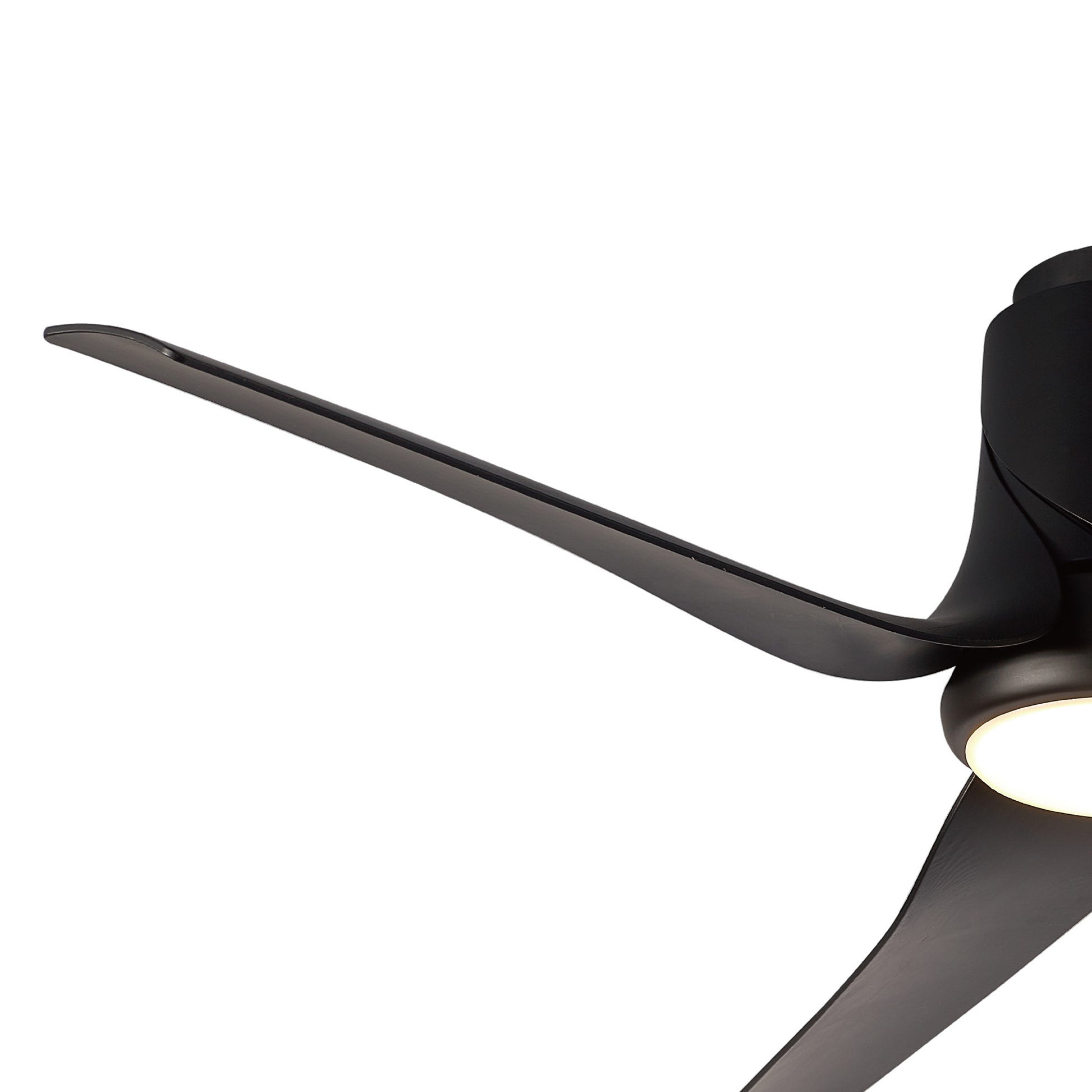 Close-up of the Ceiling Fans UK MANTRA M8718 Ushuaia Black Ceiling Fan, 133cm with 30W dimmable LED light and built-in 35W DC motor, featuring remote & APP control. Set against a white background. Includes 5-year warranty.