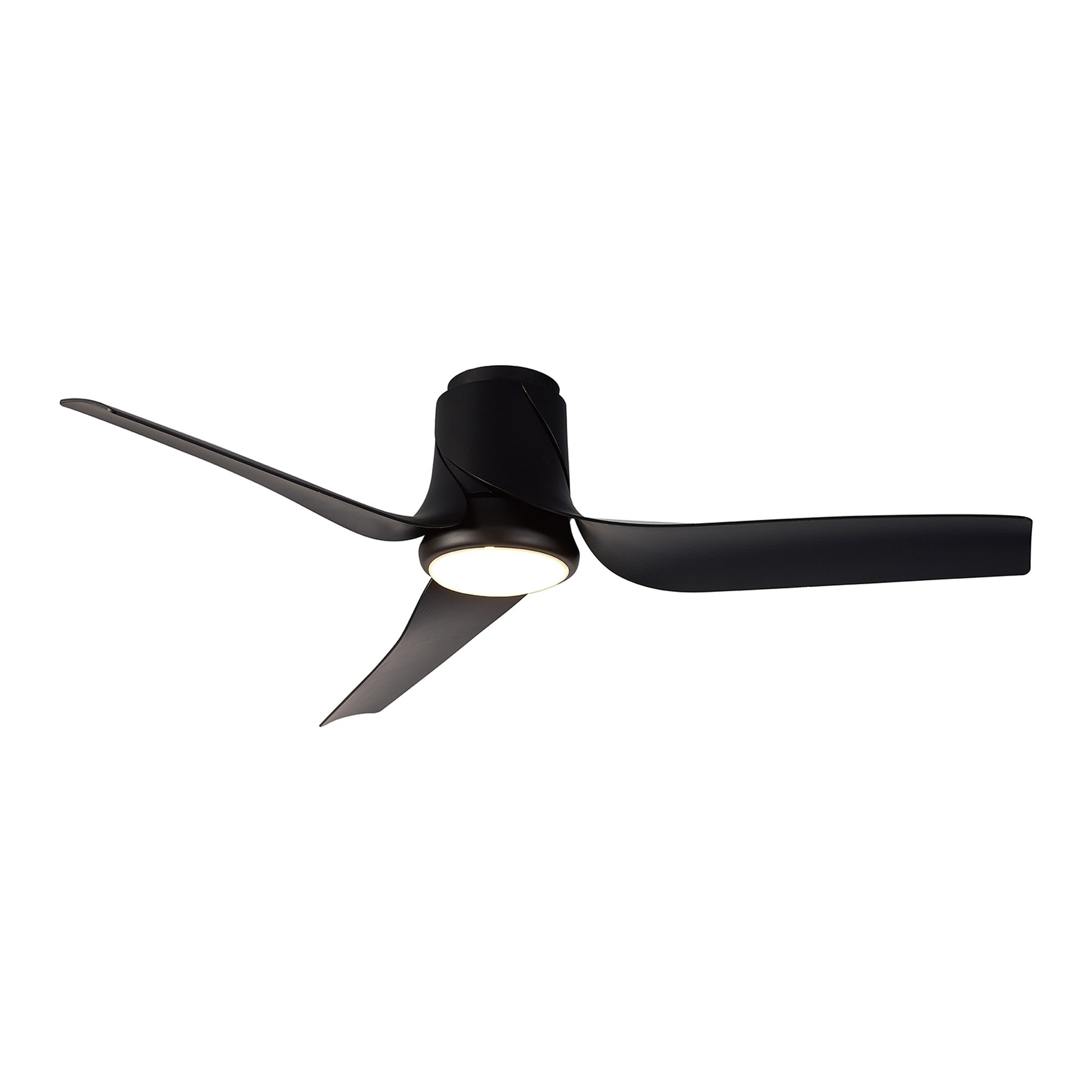 The MANTRA M8718 Ushuaia Black Ceiling Fan by Ceiling Fans UK features three blades, a 30W dimmable LED light, integrated 35W DC fan, remote & APP control, 133cm span, and comes with a 5-year warranty. Shown from below against a white background.